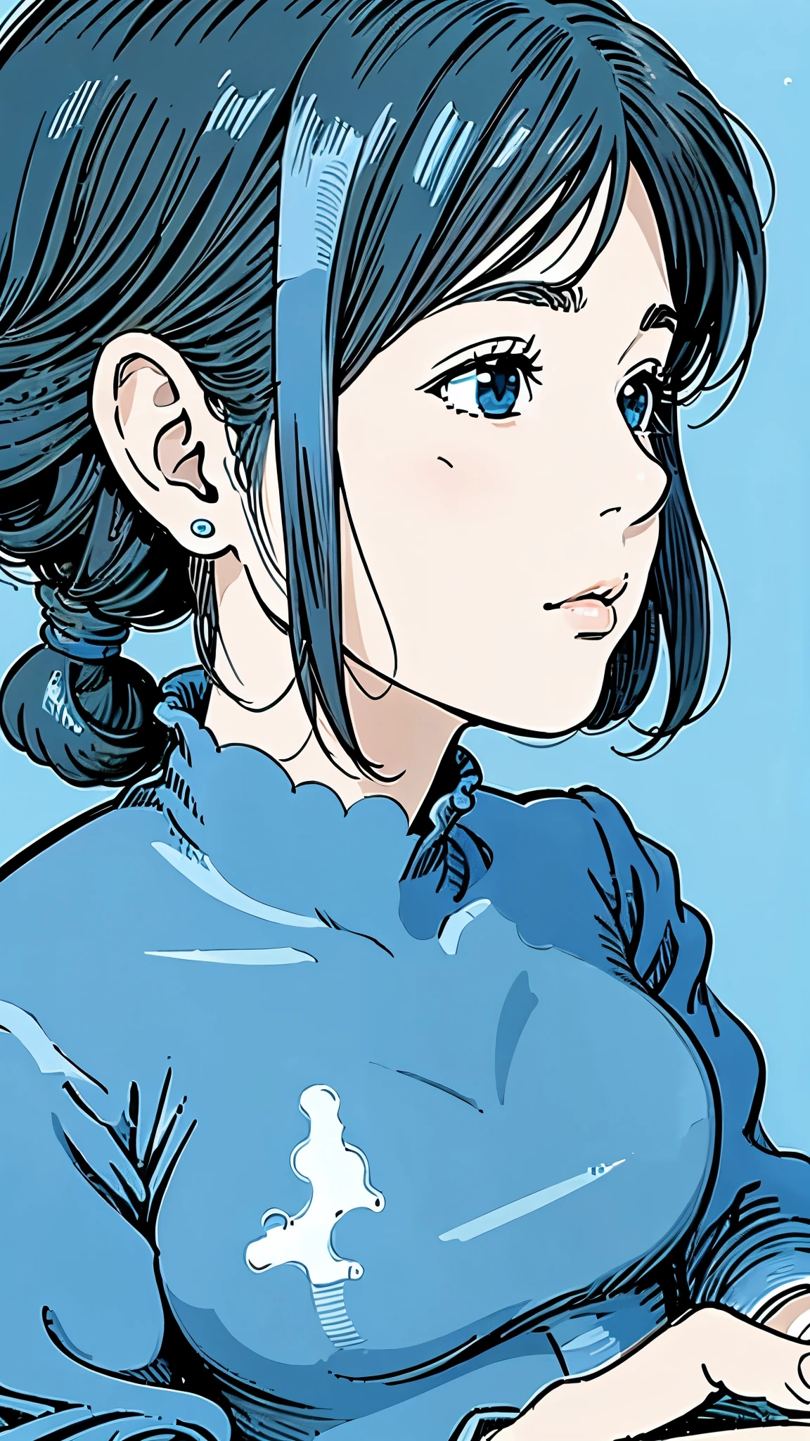 Famous Paintings、 best quality 、woman、Very depressed、  black hair、 looks up at the 、 profile、 upper body、 moderate bust、Nausicaa C、 1 girl、
