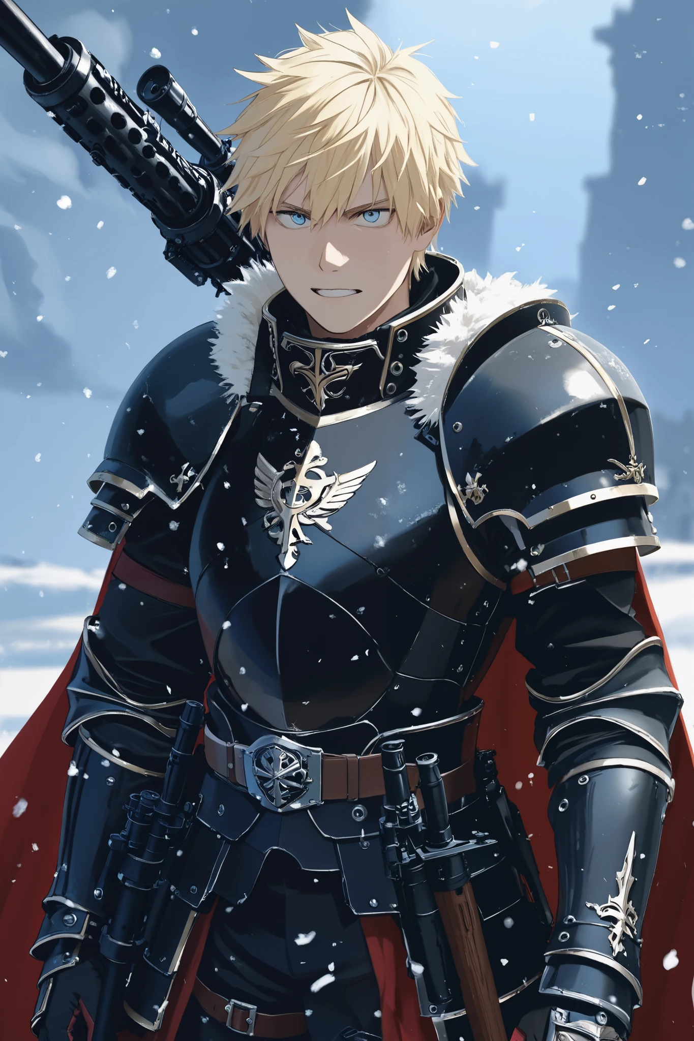 Strong blond blue-eyed noble swordsman with a gunsword. Wearing black noble armor with a red cape. Has a sword fused with an M134 minigun. Extremely beautiful face