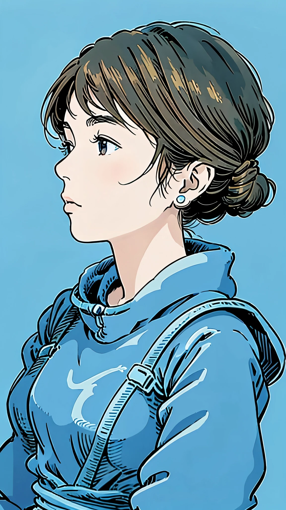 Famous Paintings、 best quality 、woman、Very depressed、 black hair、 looks up at the 、 profile、 upper body、 moderate bust、Nausicaa C、 1 girl、