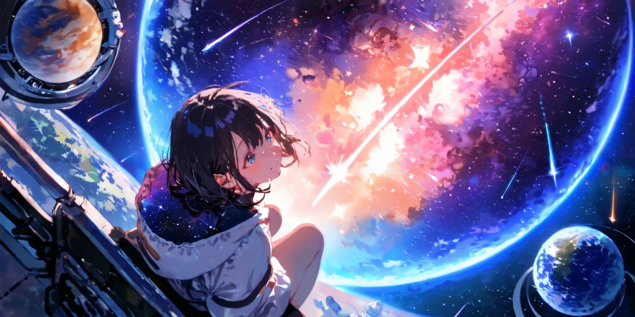1girl\((sit on star:1.3) with big smile\),at beautiful nebula, (so many shooting stars),many beautiful planet,dynamic angle, focus on girls face, watercolor picture-book style,rough touch,from above, space-scape,masterpiece,best quality