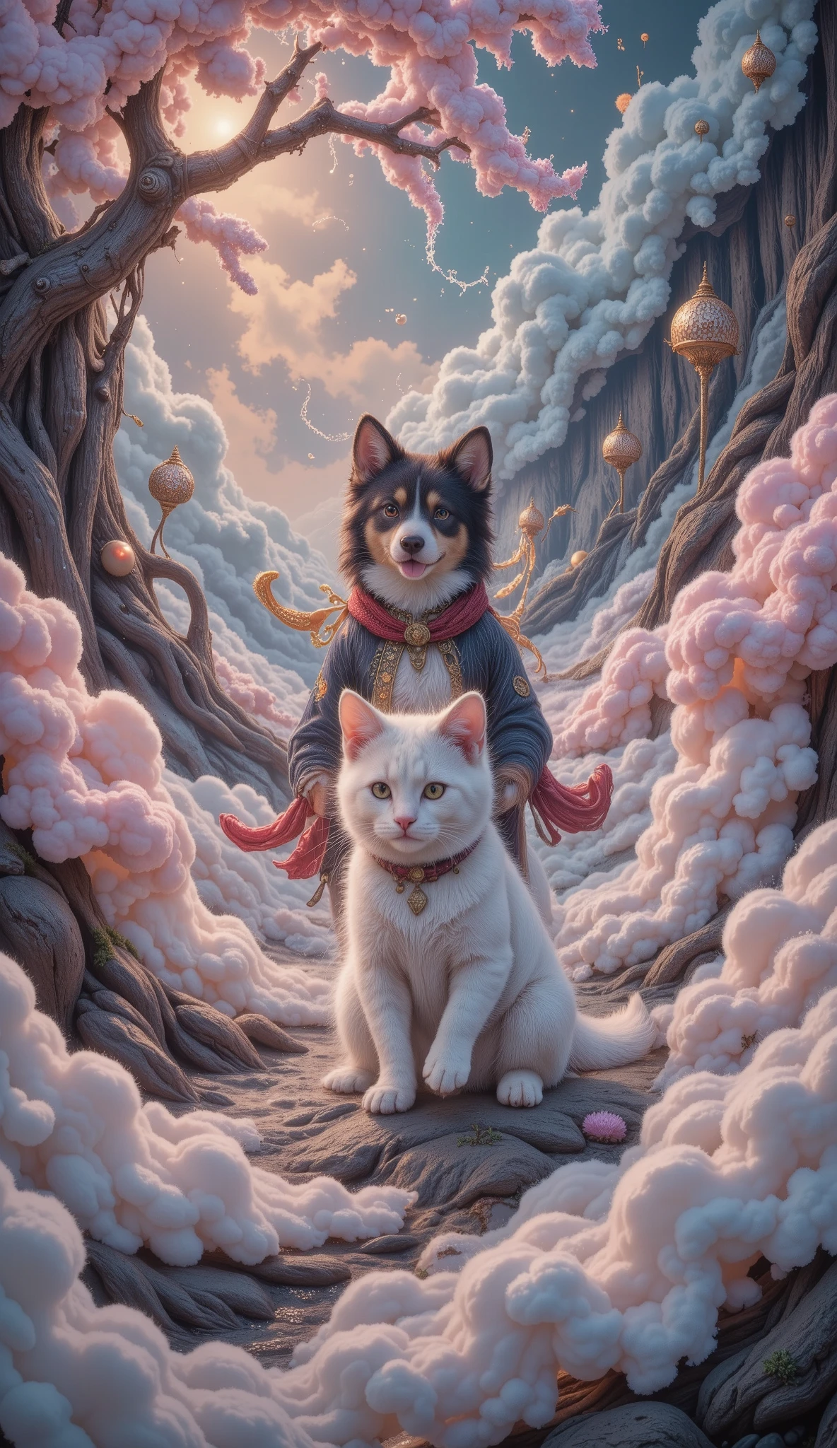 The Journey of the Cute Animals, (Cat and dog,  cute adorable , jugando en el  cotton cloud path :1.5),  extremely detailed face and features,  surrounded by bioluminescent fungi ,  cotton cloud path , ( envelopes,  masterpiece:1.2),  ultra-detailed , ( realistic , photo realistic , photo- realistic :1.37),  dark fantasy, Gothic, conceptuarl , arte digital, chiaroscuro, cinematic lighting, motion blur, Fujicolor, chromatic aberration abuse, 4k, 8K, highres, UHD, Retina, masterpiece, Accurate, Anatomically Correct, textured skin, Super detail, high details, high quality,  award winning , best quality, highres, 1080P, HD, 16K