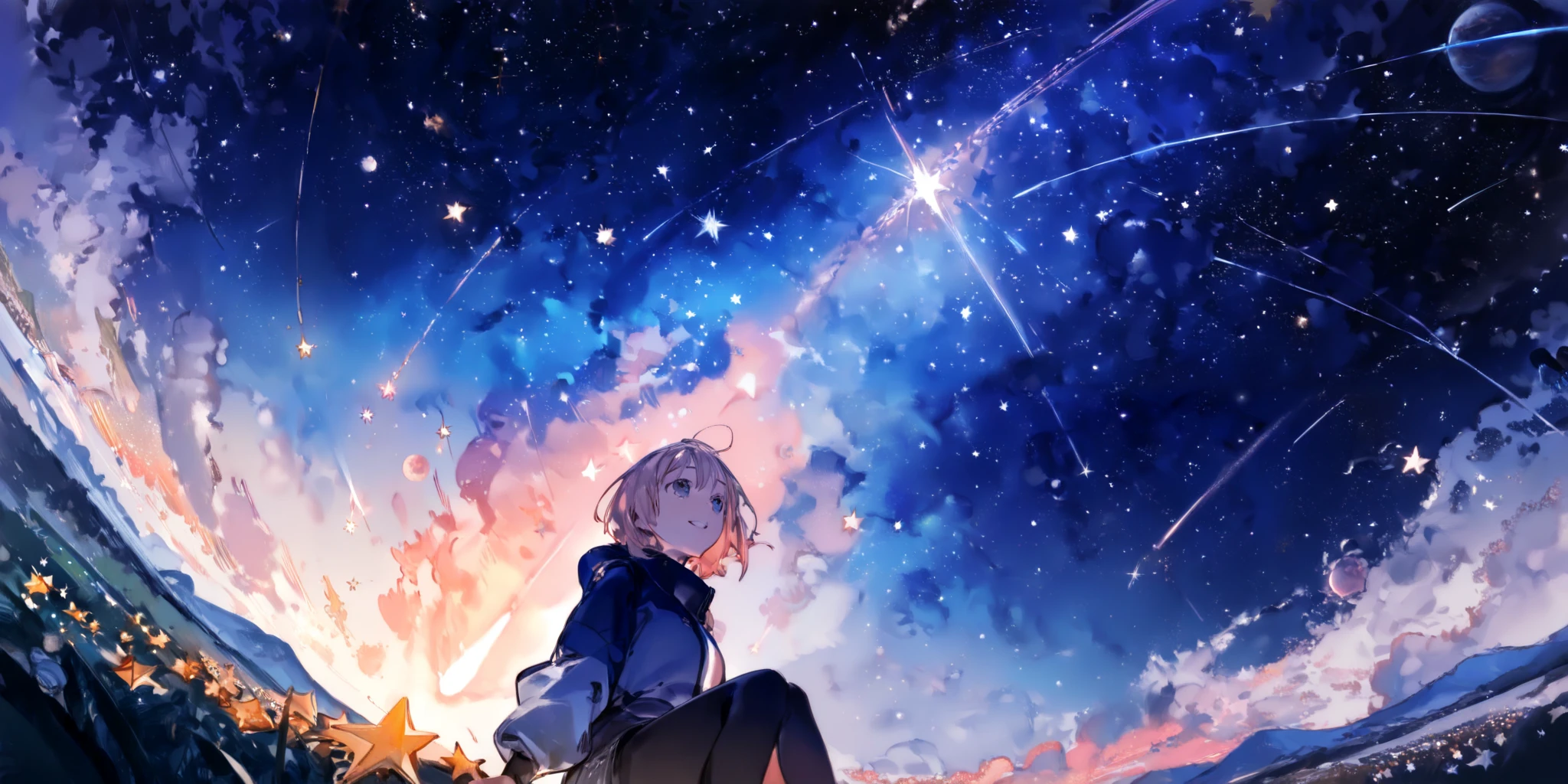 at beautiful nebula, so many shooting stars,1girl\((sit on the sooting star:1.3) with big smile\),many beautiful planet,dynamic angle, focus on girls face, watercolor picture-book style,rough touch,from below,landscape, surrealism