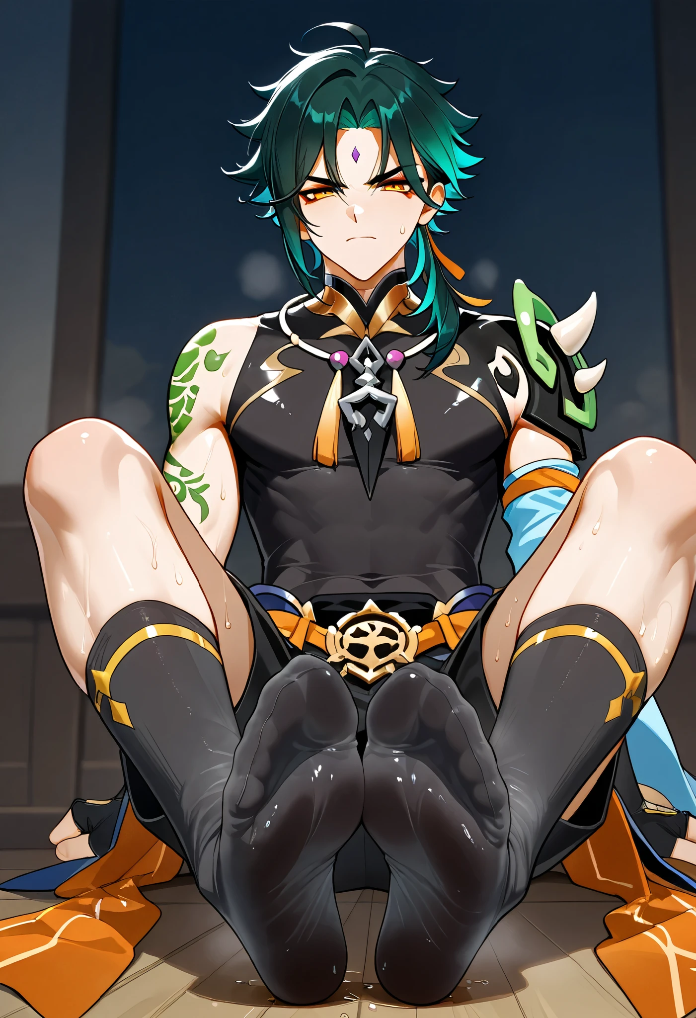 Xiao Liyue Genshin Boy feet scrunching his sweaty soles sitting on ,serious face black wet socks