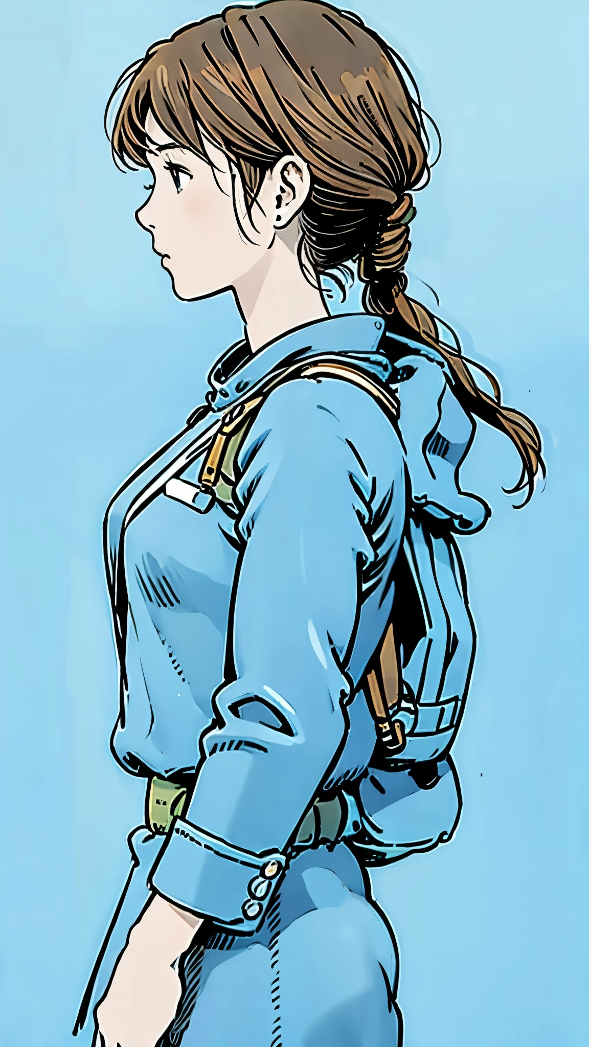 Famous Paintings、 best quality 、woman、Very depressed、 black hair、 looks up at the 、 profile、 upper body、 moderate bust、Nausicaa C、 1 girl、