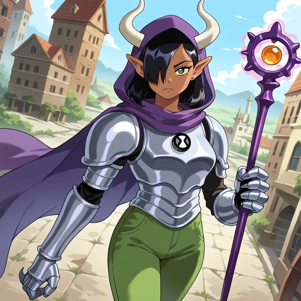  score_9,  score_8_above,  score_7_above,   source   _  animated, Olgadiscordia, Olga Discord,  wide hair, black hair, green eyes, very  wide hair,  pointy ears, dark skin, hair over one eye, hembra de  dark skin, elf, dark elf, exterior, urban landscape, looking at the spectator,  Dutch angle,  Cowboy Shot, Purple hood,  purple scarf, tunica, bull horns, that comes out of each shoulder, metal gauntlets,  bear claw , big , dark armor, tunica, long pants,  green pants, 1 woman, metal armor, black metal armor, magic scepter, scepter in hand, purple scepter, ben10