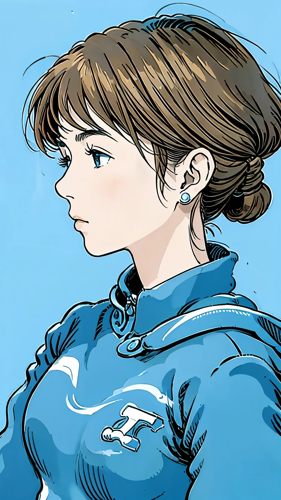 Famous Paintings、 best quality 、woman、Very depressed、 black hair、 looks up at the 、 profile、 upper body、 moderate bust、Nausicaa C、 1 girl、