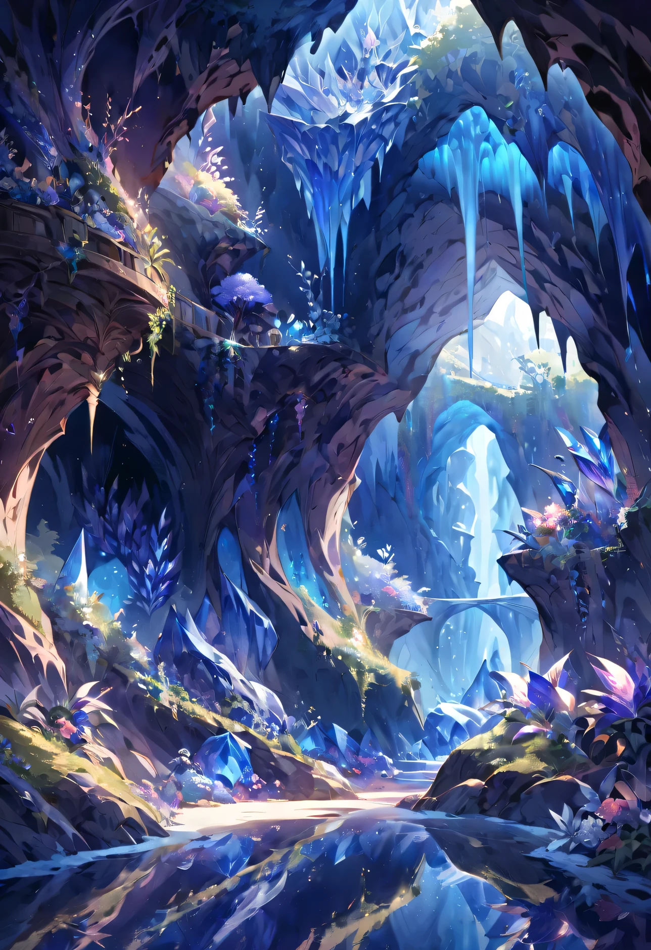 landscape, fantasy landscape, dark cave interior landscape, blue cave, crystal, inspired by Grotta Azzurra