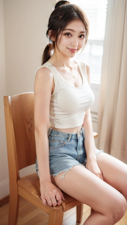 top Quority, ((Ultra-clear resolution)), perfect body slim thin captivating, beauty,  hidden face,      pale white skin, ((English girl 18 years old)).     (((Make-up face))), long black hair, brunette girl
((ripped shorts. tank top shirt)), long legs_full body. spoiled smile. Kneeling. looking to the side.     sexy body. Seen from the side. shot from a side angle. On the bed