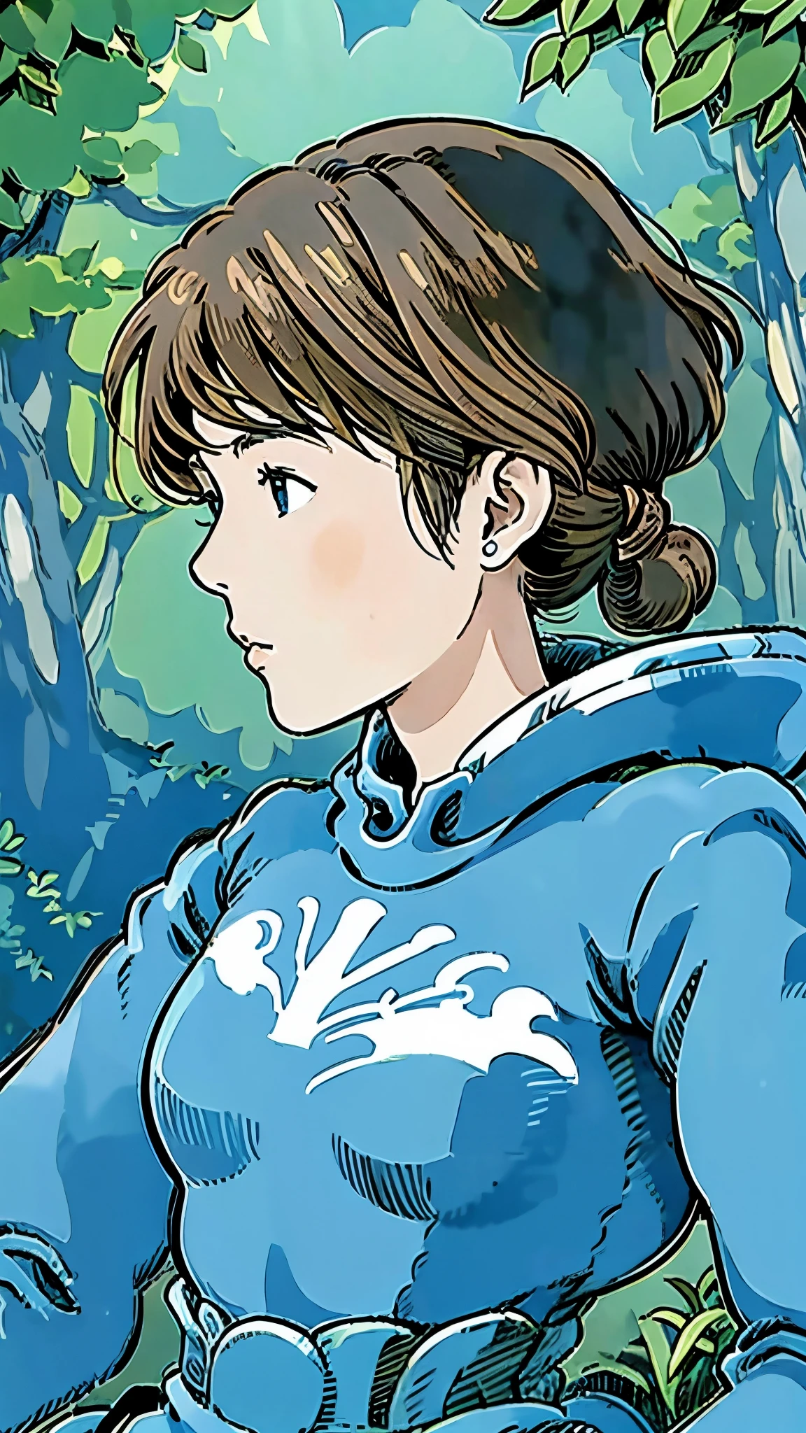 Famous Paintings、 best quality 、woman、Very depressed、  black hair、 looks up at the 、 profile、 upper body、 moderate bust、Nausicaa C、 1 girl、Deep forest with sunlight filtering through the trees、