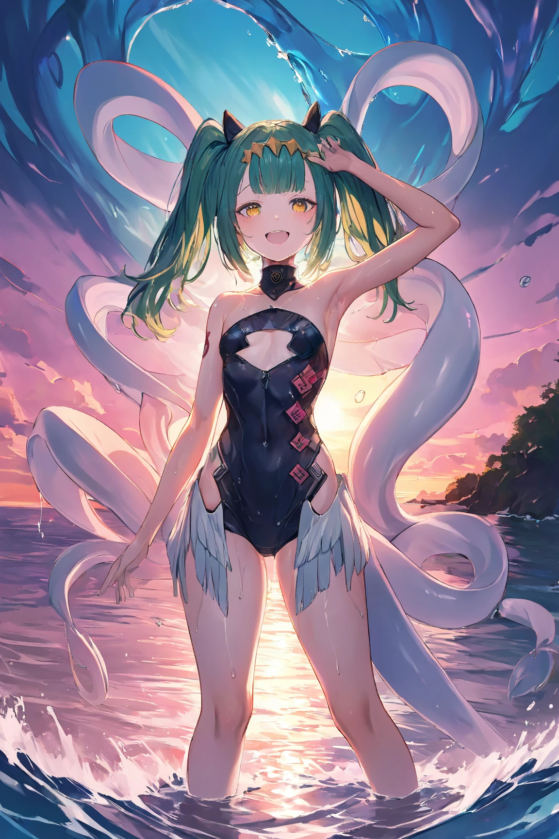Front Angle, Cowboy Shot, masutepiece, Fine detail, 4K, 8K, 12K, Solo, One person, Beautiful girl, caucasian female, Eastern Project Cirno, different costume, 👙 , swimsuit, beach, Sunset