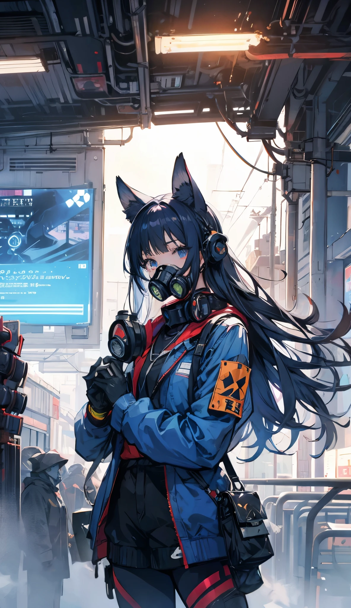 uma garota usando uma ((((Tech Futuristic Gas Mask)))), pilotando um trem, Anime train crossing track in sky background, beautiful and harmonious scene, exquisite animation, rich details (width is 672), high quality, clarity 4k, artistic 4k wallpaper, stunning anime landscape, 8k art wallpaper.