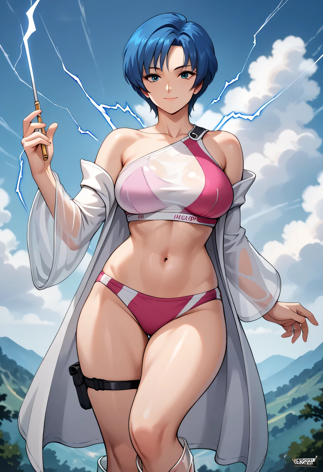 3 girls High level image quality best image quality 8K adult woman pool party rain palm trees more colors whole body view portrait bikini horn ears short hair((shortcut)(gray hair)(perm)(fluffy)) eye color is blue , , attractive evil face , smile , sexy pose , labrynth , barearm , wearing pink robe , standing by the pool , crossed legs , all wet , view foot arc