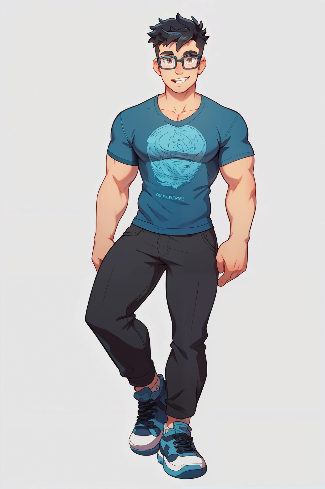 A highly realistic and detailed full-body image of a muscular and athletic young man standing upright, facing forward. He has slightly long, black hair and a cheerful expression. He is wearing glasses and a blue long-sleeved shirt and dark black trousers, paired with comfortable casual shoes. His skin tone is warm brown, and his facial features are soft and friendly, with a welcoming smile. The background is neutral, keeping the focus on the character's approachable look.
