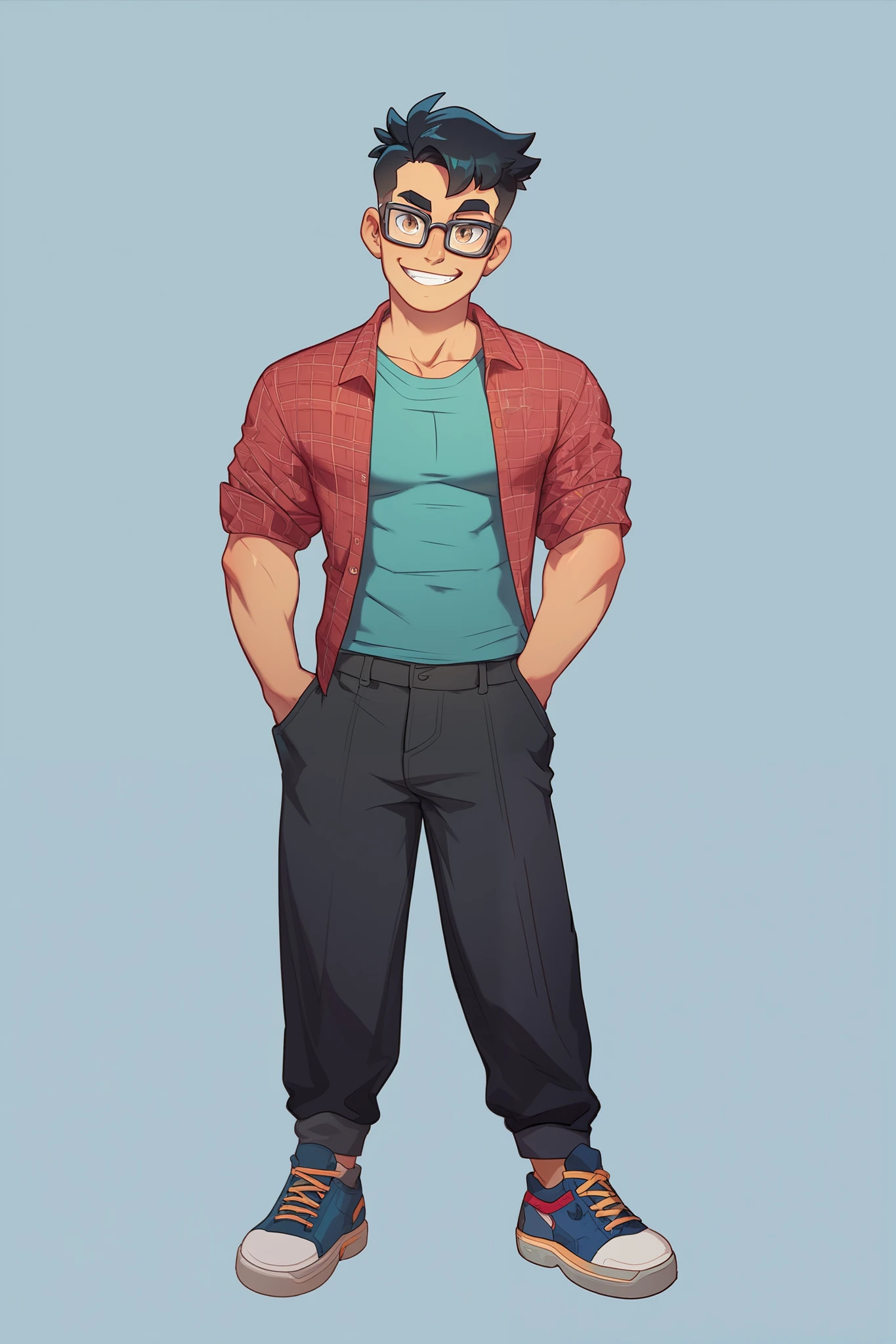 A highly realistic and detailed full-body image of a muscular and athletic young man standing upright, facing forward. He has slightly long, black hair and a cheerful expression. He is wearing glasses  and a blue long-sleeved shirt and dark black trousers, paired with comfortable casual shoes. His skin tone is warm brown, and his facial features are soft and friendly, with a welcoming smile. The background is neutral, keeping the focus on the character's approachable look.