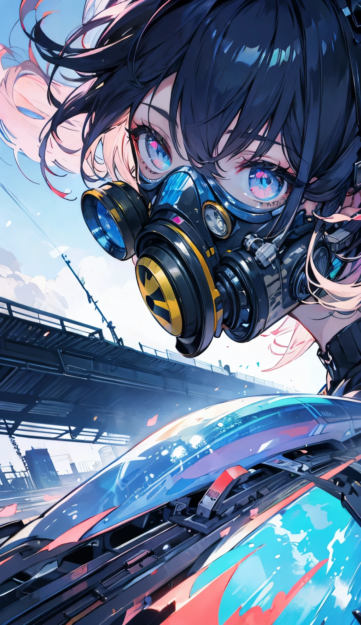 uma garota usando uma ((((Tech Futuristic Gas Mask)))), pilotando um trem, Anime train crossing track in sky background, beautiful and harmonious scene, exquisite animation, rich details (width is 672), high quality, clarity 4k, artistic 4k wallpaper, stunning anime landscape, 8k art wallpaper.