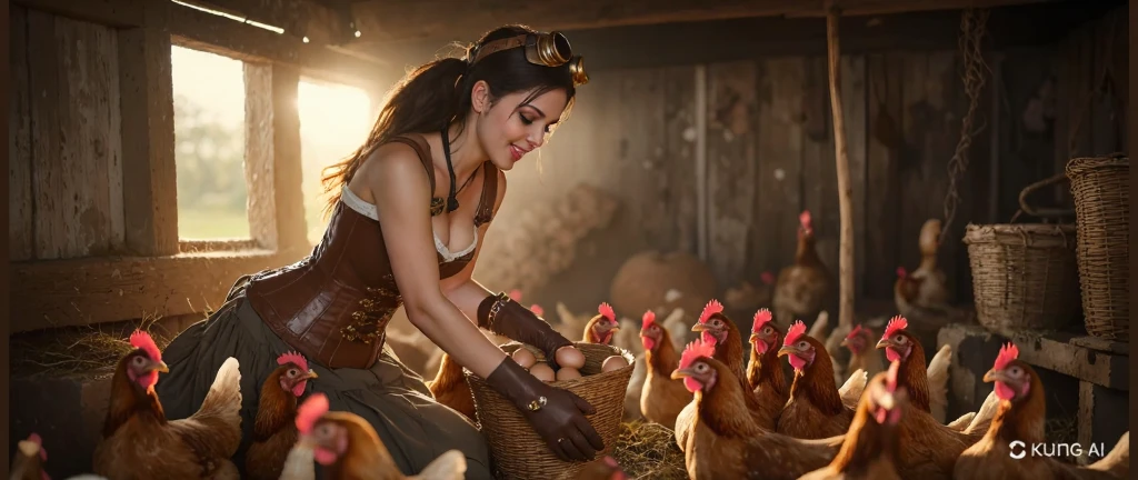 Create a surreal close-up shot of a steampunk woman tending to chickens in a cozy, well-maintained chicken coop filled with nesting boxes, perches, and happily clucking hens. extremely large breasts:2.8. Her leather corset with brass detailing and high-slit layered skirt catch the light. Soft, warm light pours in through the open windows and doors of the chicken coop, creating a comfortable and inviting atmosphere. Use a medium shot from a slightly high angle to capture the woman collecting eggs and tending to her chickens using tools adapted for the steampunk style. The mood is nurturing and content, highlighting her connection with the animals and her joy in simple farm chores. Include props such as steampunk chicken tools and a basket of fresh eggs.
