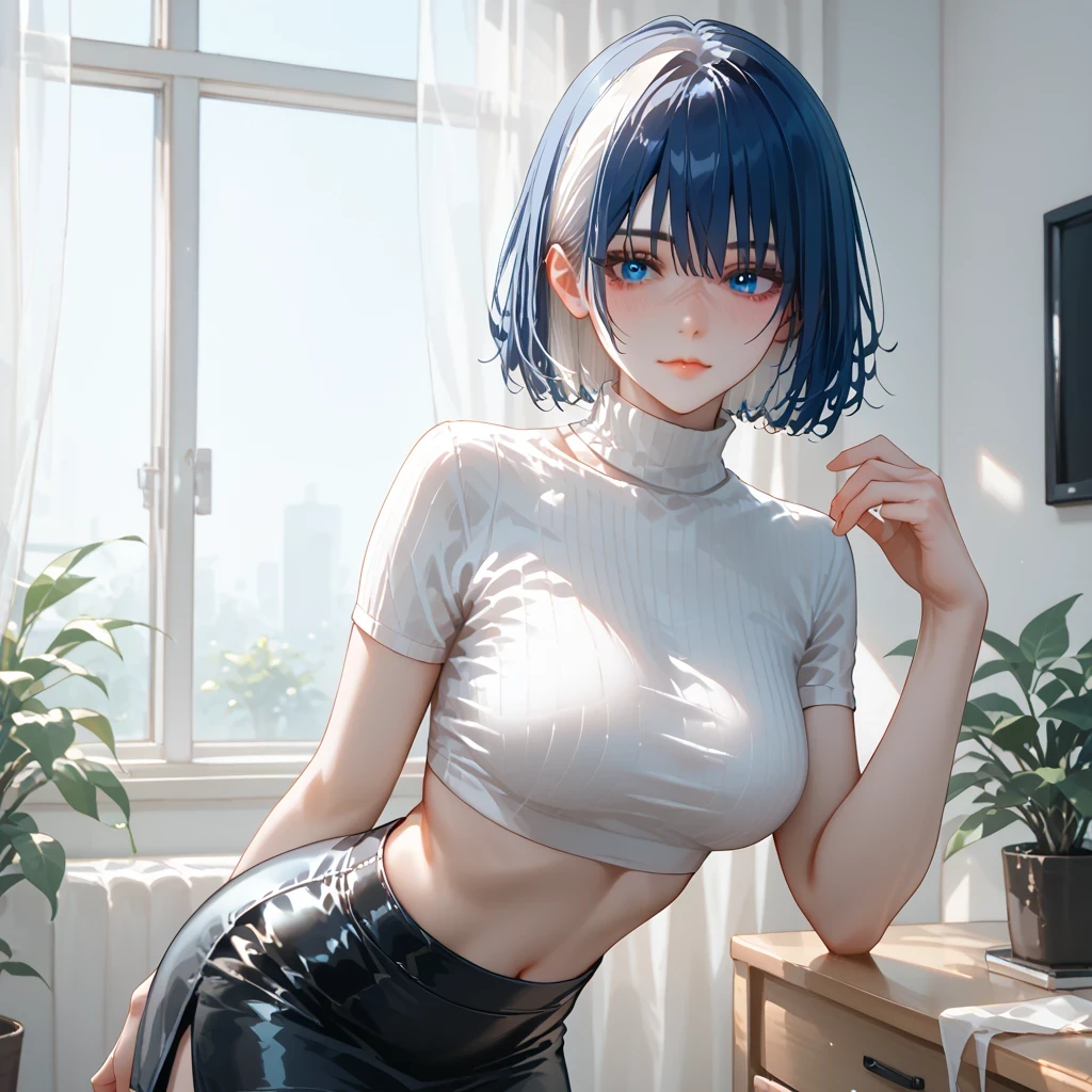 ((Dark blue hair))、(White inner hair), best quality 、 Masterpiece、( professional lighting without shadows )、 surreal、 ,(Nipples:0.4), fascinating、 figure like a slender supermodel 、 one girl , ( lean forward to the camera to show off her butt ), (slightly larger breasts, midriff peek ), ( flat , white skin without wrinkles or unevenness ), (明るい and beautiful blue eyes , ((A casual wolf cut)), ( black mini tight skirt,black tight cropped turtleneck) , ( beautiful face squinting in bright light ),
