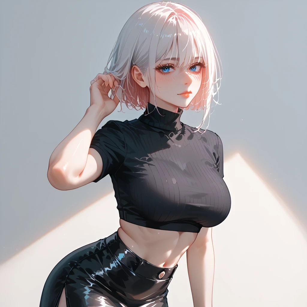 ((Thick white hair))、pink inner hair, best quality 、 Masterpiece、( professional lighting without shadows )、 surreal、 ,(Nipples:0.4), fascinating、 figure like a slender supermodel 、 one girl , ( lean forward to the camera to show off her butt ), (slightly larger breasts, midriff peek ), ( flat , white skin without wrinkles or unevenness ), (明るい and beautiful blue eyes , ((A casual wolf cut)), ( black mini tight skirt,black tight cropped turtleneck) , ( beautiful face squinting in bright light ),