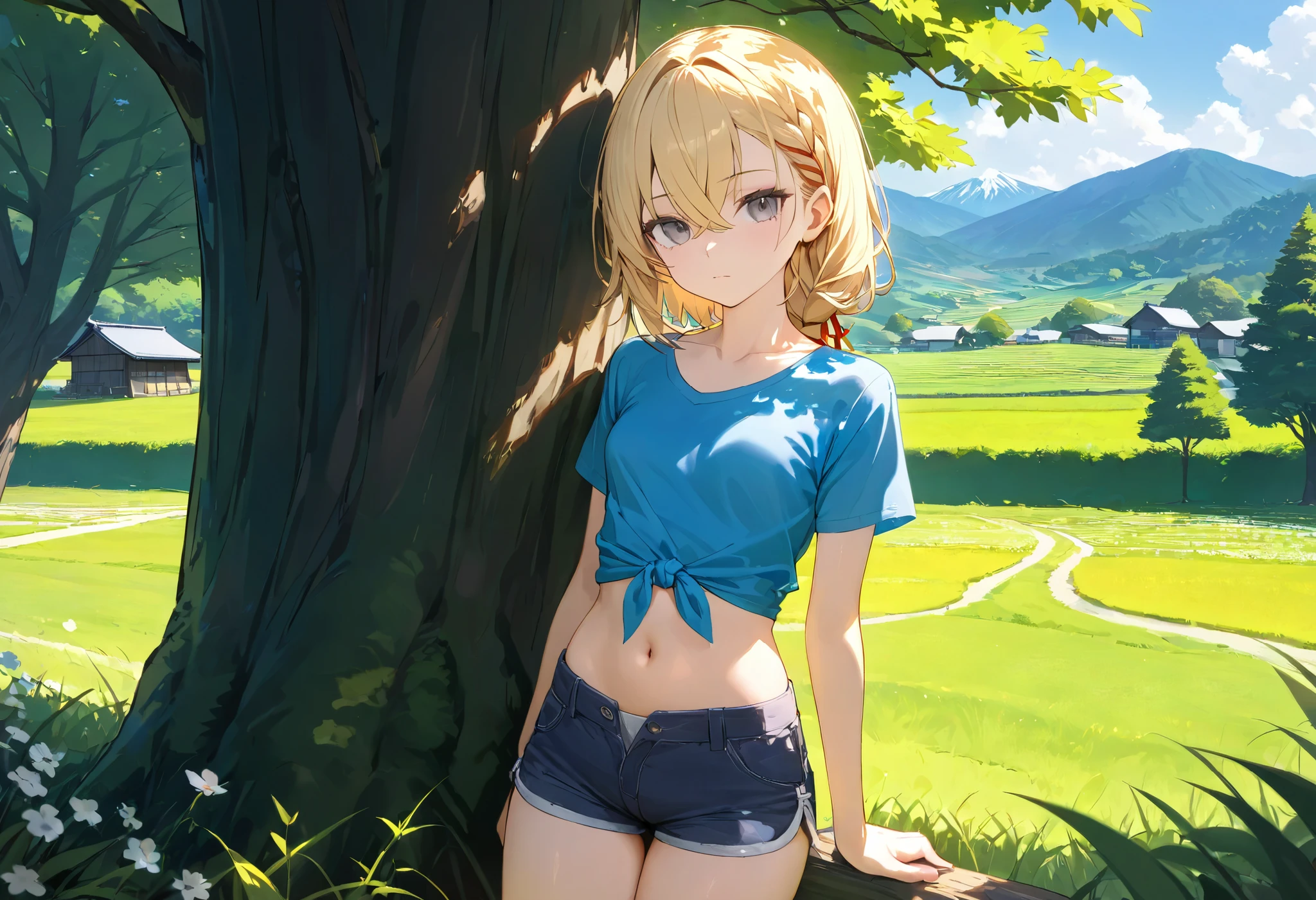 (High Quality, Masterpiece, ultra detailed: 1.5), 1girl, solo focus, solo, kuudere, teenager, outdoors, against tree, rural japan, blue shirt, tied shirt, midriff, cozy, cool, spring \(season\), blonde hair, crossed bangs, medium hair, single braid, braid, red ribbon, grey eyes, (small breasts:1.1), (medium breasts:1.1), (toned:1.2), countryside, valley, expressionless, bored, side braid, looking at viewer, short sleeves, trees, closed mouth, shorts, shirt, partially unbuttoned, navel, denim shorts, hair between eyes, breasts, t-shirt, denim, ribbon, 