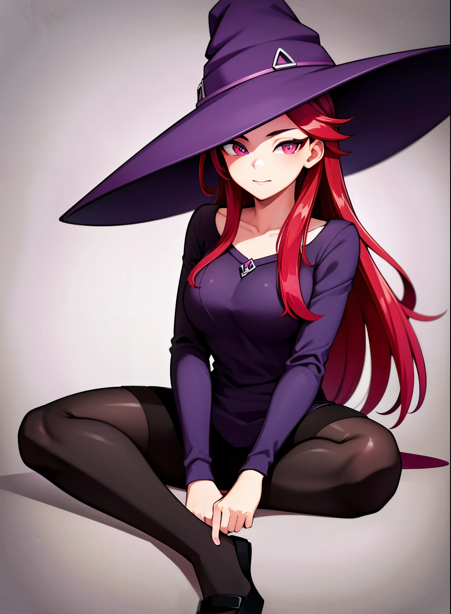  Beautiful Girl,  red hair, Ojos rojos, purple witch clothes, purple witch hat, sitting pose