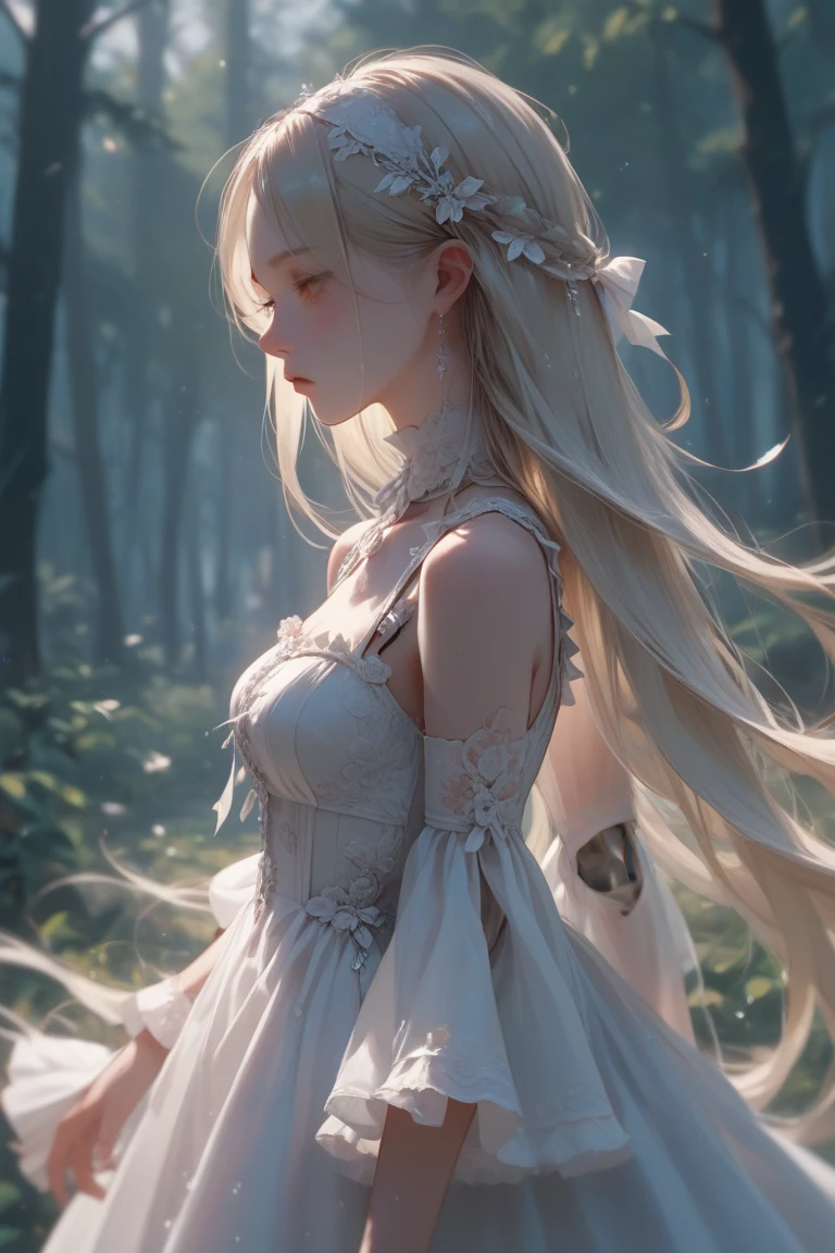 FS, an albino girl with perfect 10 features and long black Rapunzel-like hair, stands in a picturesque Avatar-like scene. Her body is graceful with a petite bust and slender legs. The girl looks stunning in a sheer organza dress with intricate designs. Her high-heeled shoes are elegant with golden patterns. The sunlight creates a subtle silhouette around her contours from the back, while soft and filling light illuminates her from the front. This scene has photorealistic qualities and is a concept art that creates a wow effect of:2. It can be found on the website 500px with hyper-superior details of:2. --auto --s2