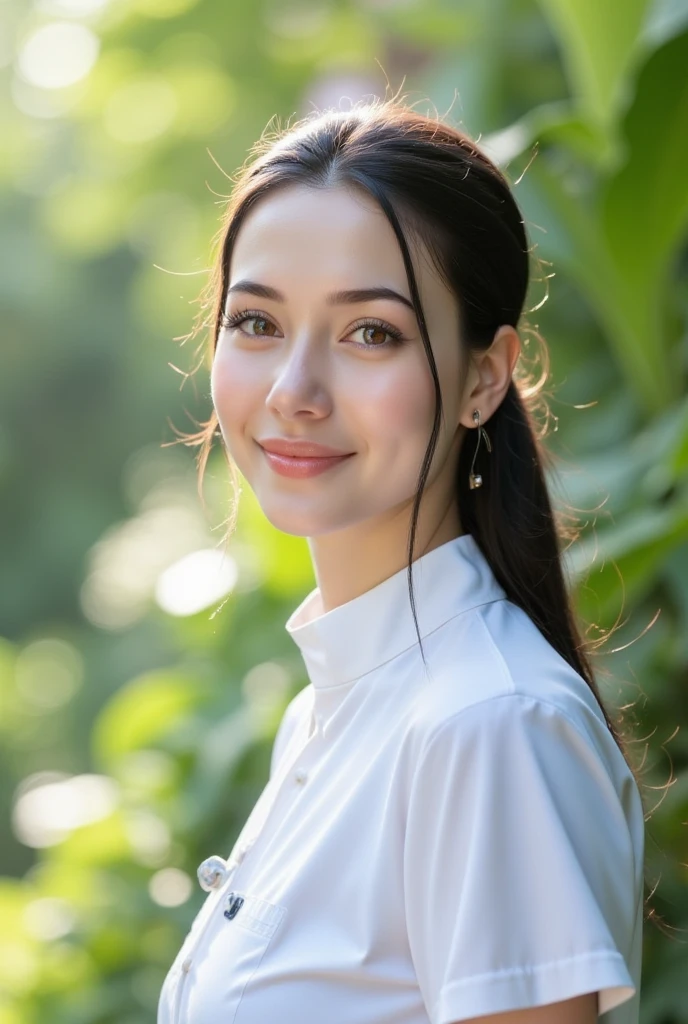 
“A close-up shot of a nurse in uniform, sunlight softly shining on her face, eyes sparkling with warmth, with a blurred nature background.”