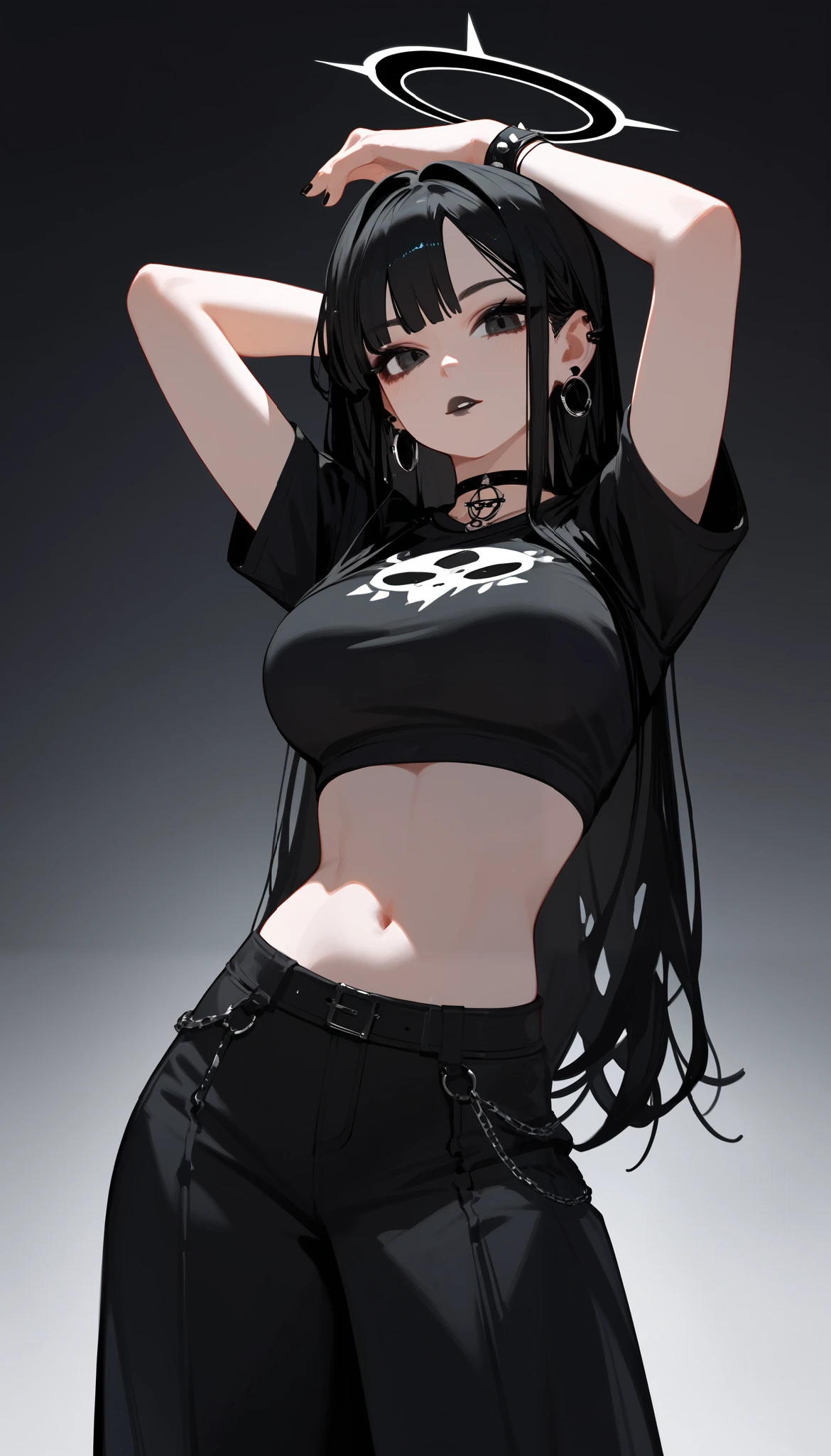 girl, Goth girl, black hair, black eye, black halo, Long hair, pose, great quality , 4K