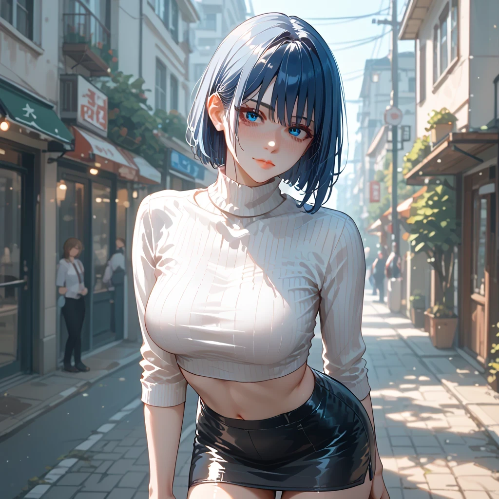 ((Dark blue hair))、(White inner hair), best quality 、 Masterpiece、( professional lighting without shadows )、 surreal、 ,(Nipples:0.6), fascinating、 figure like a slender supermodel 、 one girl , ( lean forward to the camera to show off her butt ), (slightly larger breasts, midriff peek ), ( flat , white skin without wrinkles or unevenness ), (明るい and beautiful blue eyes , ((A casual wolf cut)), ( black mini tight skirt,black tight cropped turtleneck) , ( beautiful face squinting in bright light ),