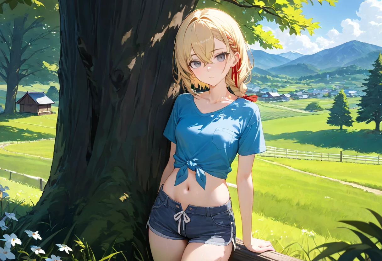 (High Quality, Masterpiece, ultra detailed: 1.5), 1girl, solo focus, solo, kuudere, teenager, outdoors, against tree, rural japan, blue shirt, tied shirt, midriff, cozy, cool, spring \(season\), blonde hair, crossed bangs, medium hair, single braid, braid, red ribbon, grey eyes, (small breasts:1.1), (medium breasts:1.1), (toned:1.2), countryside, valley, expressionless, bored, side braid, looking at viewer, short sleeves, trees, closed mouth, shorts, shirt, partially unbuttoned, navel, denim shorts, hair between eyes, breasts, t-shirt, denim, ribbon, teenager, ite 