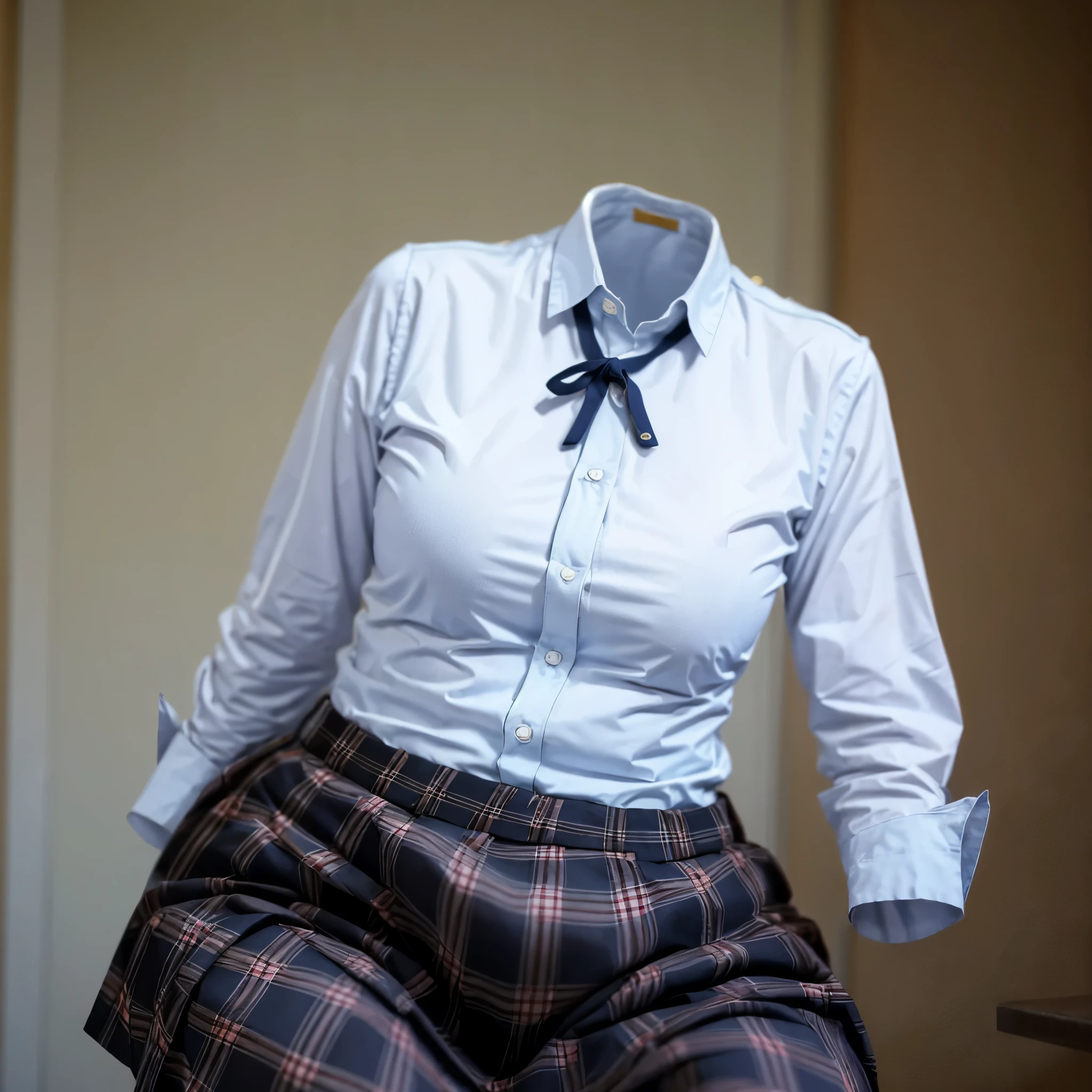 cute pose, (invisible, no humans, headless, faceless:1.5), (close-up to breasts), cute big breasts, chubby, fat, plaid pants, stripe tie, frilled blouse