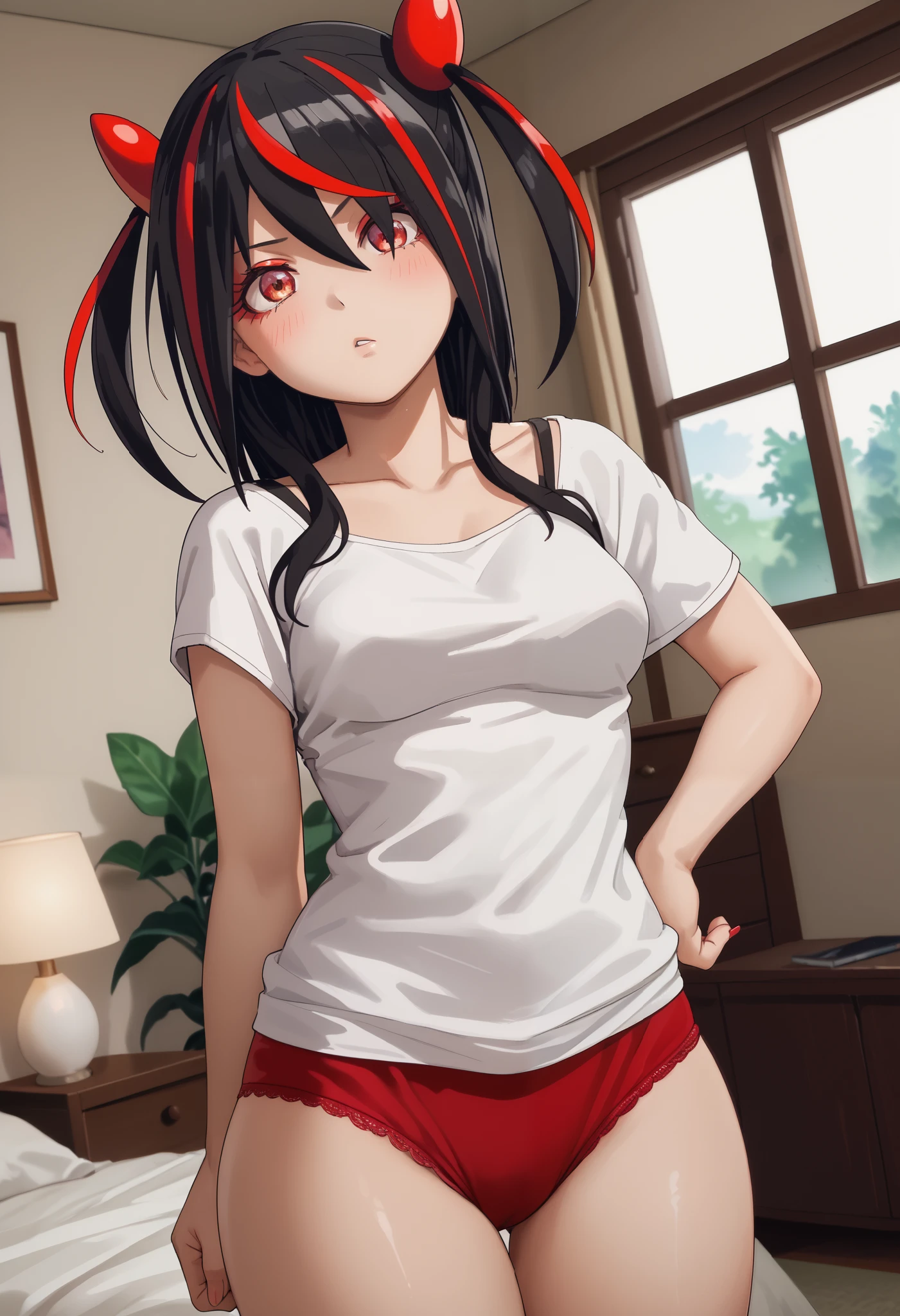 Score_9, Score_8_up, Score_7_up, bright skin: 0.1, anime_source, deep skin, high quality, high resolution, (curvy), ((wide hips)), medium breasts, cute, sexy, 1 girl, BREAK HaneruEmi, HaneruEmi, long hair, black hair, red highlights, red eyeshadow, red eyes, spiky hair, hair between eyes, side locks, off shoulder tank top, white tank top, red panties, baggy clothing, oversized clothing, abdomen look,
dutch angle, pointing at self, confused, head tilt, hand on hip,
bedroom, night, interior, window,
(Beautiful medium breasts: 1.2),