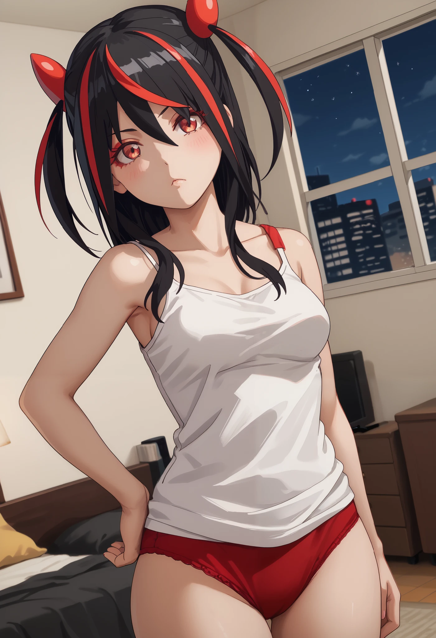 Score_9, Score_8_up, Score_7_up, bright skin: 0.1, anime_source, deep skin, high quality, high resolution, (curvy), ((wide hips)), medium breasts, cute, sexy, 1 girl, BREAK HaneruEmi, HaneruEmi, long hair, black hair, red highlights, red eyeshadow, red eyes, spiky hair, hair between eyes, side locks, off shoulder tank top, white tank top, red panties, baggy clothing, oversized clothing, abdomen look, 
dutch angle, pointing at self, confused, head tilt, hand on hip, 
bedroom, night, interior, window, 
(Beautiful medium breasts: 1.2),
