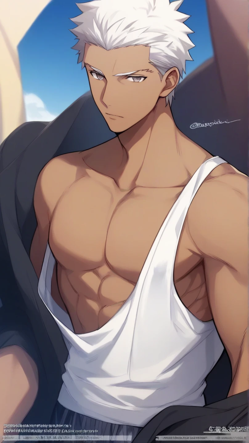 Score_7_up,score_6_up,score_5_up,score_4_up,source_anime,archer_fsn,A man with white hair, combed upwards, gray eyes, dark skin with a good body and slightly muscular, in a swimsuit with a serious face standing on the beach