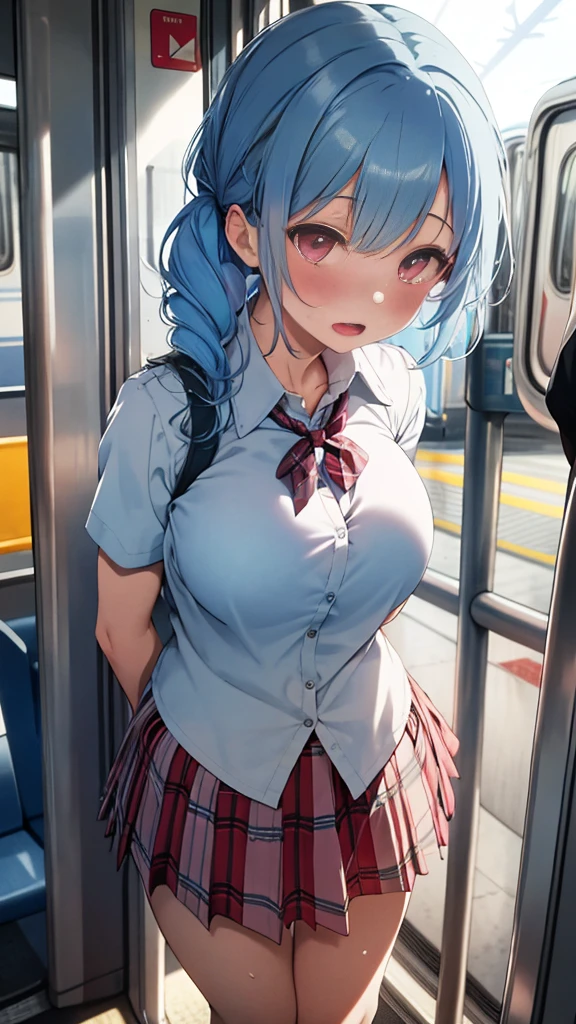 NSFW:1.9. The penis is inserted into the vagina:1.9. A mature, blue-haired high school girl is raped on a crowded train、High 、Gal、Intense sex:1.9 Surprise、Sweat, penis, man&#39;s hand:1.3,White underwear:1.3. Molester、Hands touching buttocks:1.9