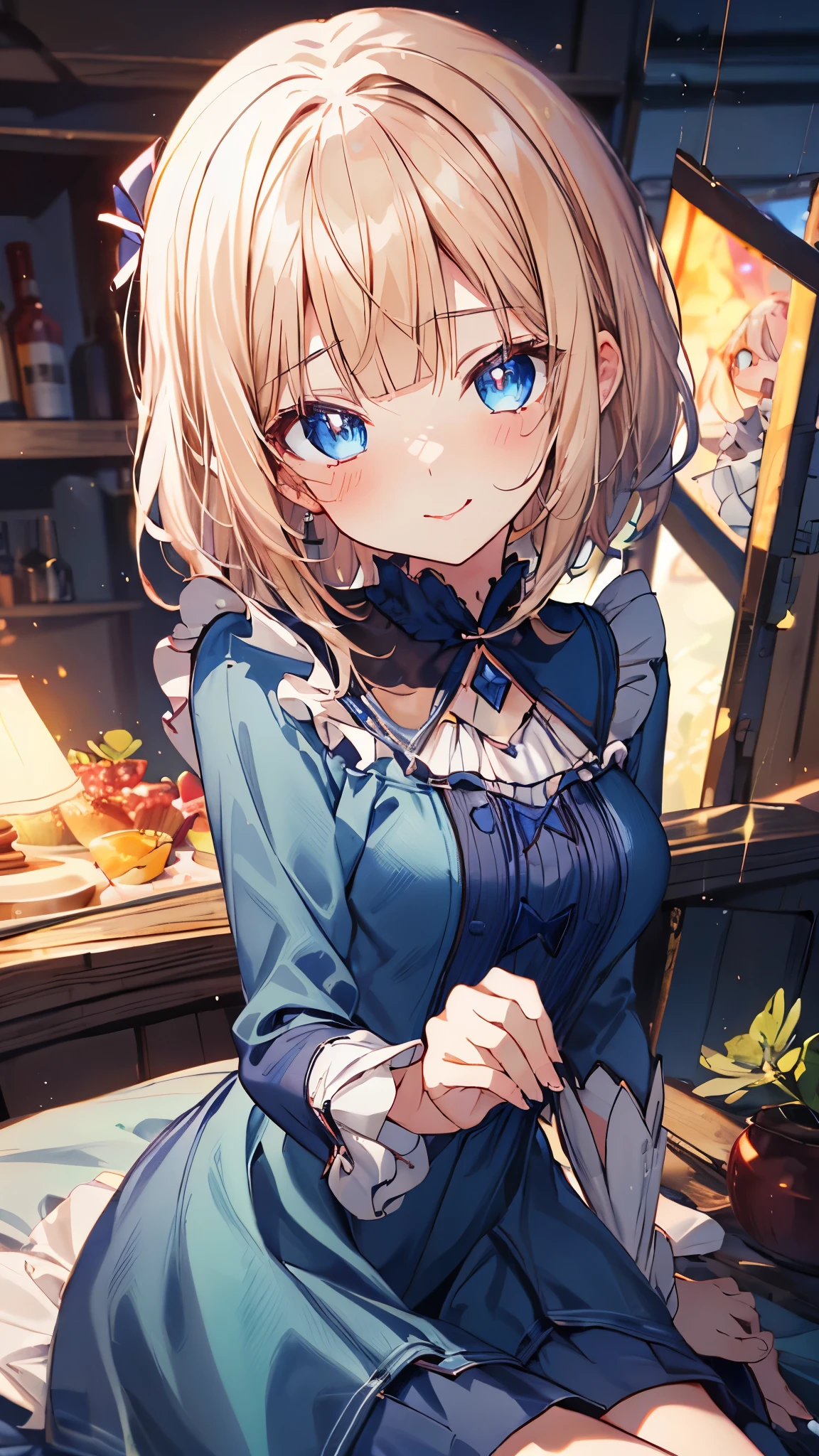 1girl,solo,PrincessMia20,(Chibi,li, little, ultra cute kawaii:1.3),blue eyes, blonde hair, blunt bangs,short hair, aqua dress, ribbon, smile,lipstick,masterpiece,Noise Reduction,perfect anatomy,high resolution, ultra-detailed, ultra-detailed face,game cg,dutch angle ,beautiful detailed eyes,visualart,five fingers, perfect hands, perfect lighting, sparkling pupils,