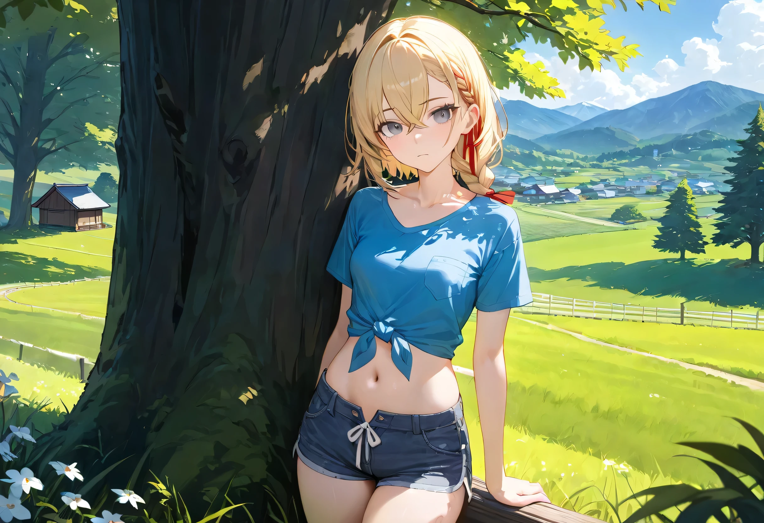 (High Quality, Masterpiece, ultra detailed: 1.5), 1girl, solo focus, solo, kuudere, teenager, outdoors, against tree, rural japan, blue shirt, tied shirt, midriff, cozy, cool, spring \(season\), blonde hair, crossed bangs, medium hair, single braid, braid, red ribbon, grey eyes, (small breasts:1.1), (medium breasts:1.1), (toned:1.2), countryside, valley, expressionless, bored, side braid, looking at viewer, short sleeves, trees, closed mouth, shorts, shirt, partially unbuttoned, navel, denim shorts, hair between eyes, breasts, t-shirt, denim, ribbon, teenager, petite 