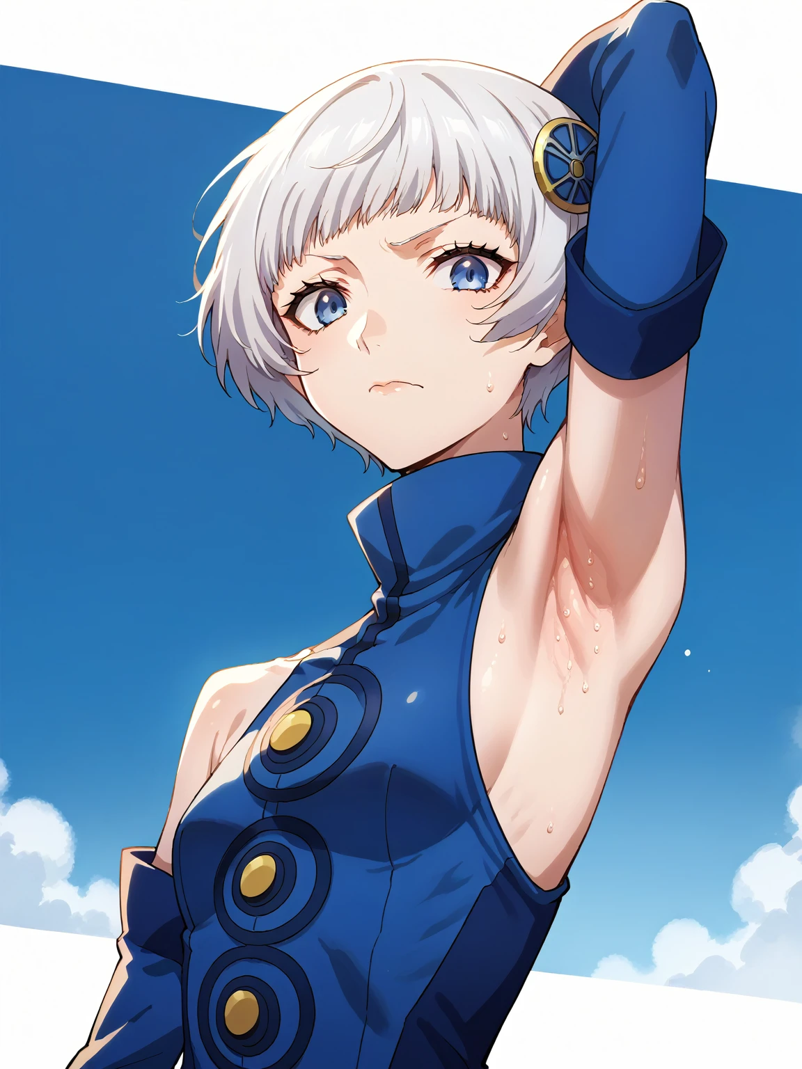 score_9, score_8_up, score_7_up, source_anime, anime screencap, 1girl, solo, elizabeth \(persona 3\), long hair, blue eyes, hair ornament, short hair, white hair, blue shirt, bare shoulders, detached sleeves, blue shirt, green bow, bare shoulders, arm behind head, armpit, head towards viewer, flat face, closed mouth, badhandv4, from side, from below, sweaty armpits