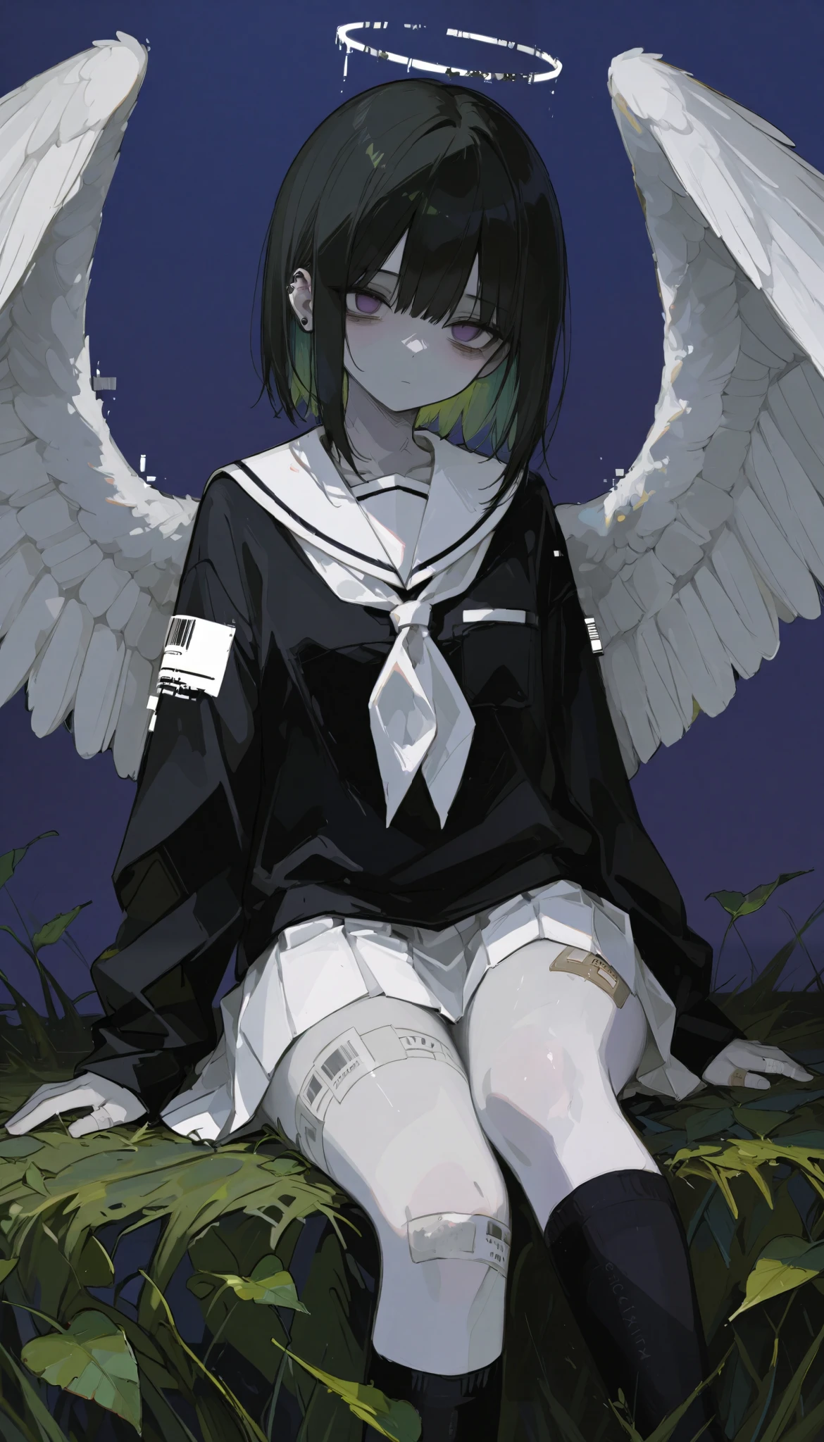 Black Hair,short hair,black eye,Angel's wing,Black clothes,Gender unknown,Expressionless,The lines are a little rough, best quality, masterpiece, 748cmstyle, 1girl, angel wings, white skirt, glitch, halo, bandaid on leg, black hair, barcode, school uniform, white neckerchief, black socks, long sleeves, medium hair, black shirt, dot mouth, white sailor collar, pleated skirt, serafuku, purple eyes, gauze, white wings, simple background, sitting, looking at viewer, blue background, blunt bangs, pale skin, sleeves past wrists, blush, long bangs, feet out of frame, kneehighs, feathered wings, ear piercing, knees up, no mouth, english text, bandaid on knee, colored inner hair, head tilt, bandages, empty eyes, sidelocks, purple background, Sunlight filters through the leaves above, creating dappled patterns of light and shadow on her face and the grass. The background features dense greenery and a serene, natural atmosphere, emphasizing the quiet harmony between the woman and her surroundings. The scene is chilling, intense, and hauntingly beautiful.
