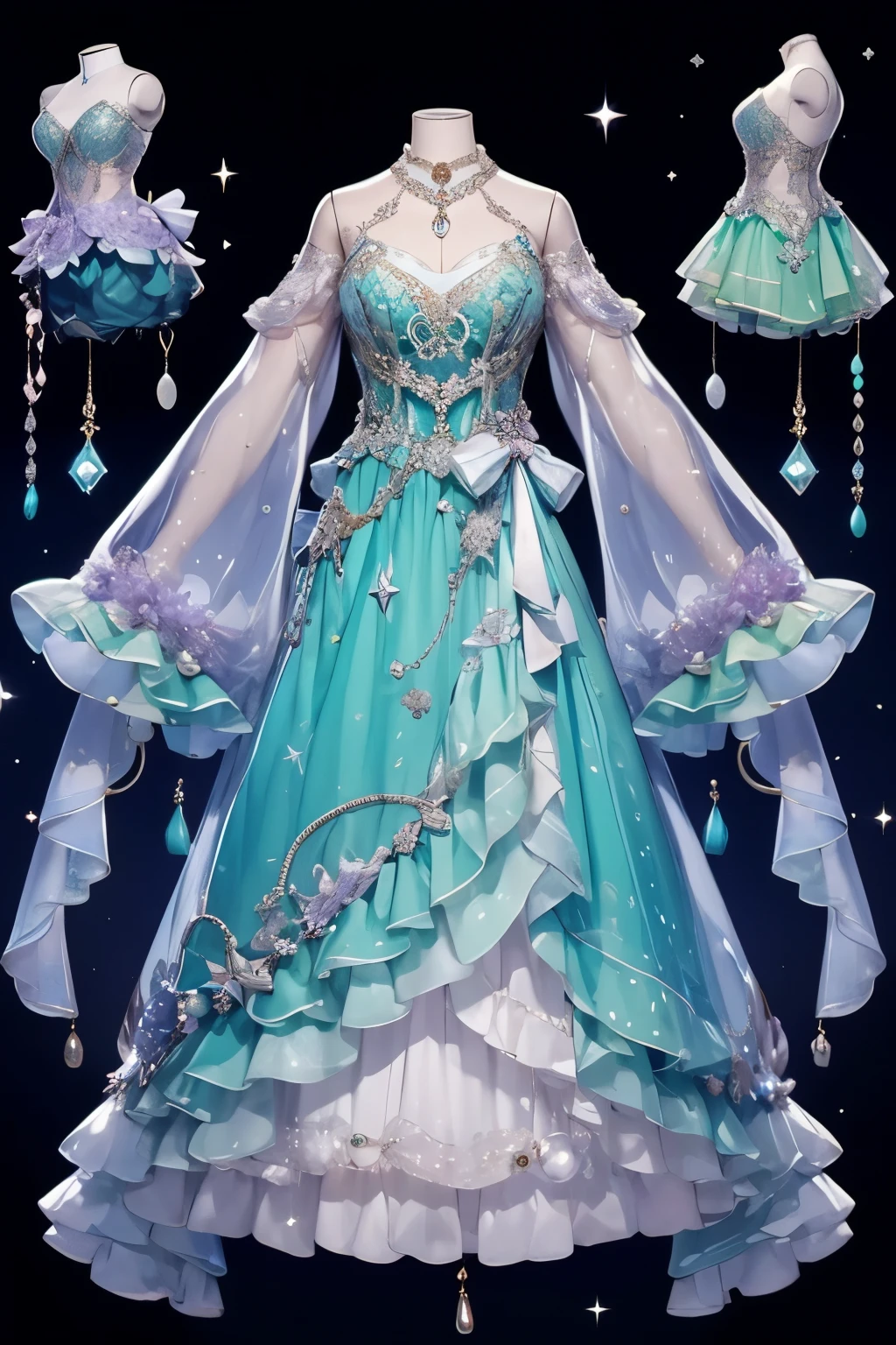 Aquarius concept costume 、Jellyfish、Lilac 、Green, comes with lots of jewels and pearls,and place the costume on top of the mannequin