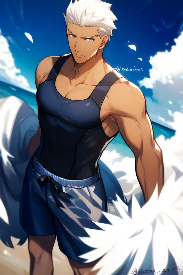 A muscular man wearing a blue and white fitness outfit,Cool hairstyle,Beach,