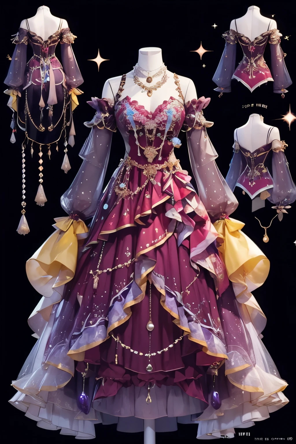 Taurus concept costume、Jellyfish、Lilac 、yellow、 red, comes with lots of jewels and pearls,and place the costume on top of the mannequin