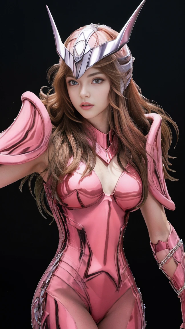 masterpiece, best quality, ultra high res, realistic skin texture, armature, photorealistic, high resolution, raw photo, shiny skin, realistic skin texture, best lighting, sparkle, dramatic lighting, dynamic pose, Greek temple background, night sky, cosmos, milky way, 1girl, balanced eyes, Andromeda Shun, pink armor, roman skirt plate, breast plate, cleavage, red hair, pink helmet, blue eyes, looking at viewer, large breast, slight smile, chains