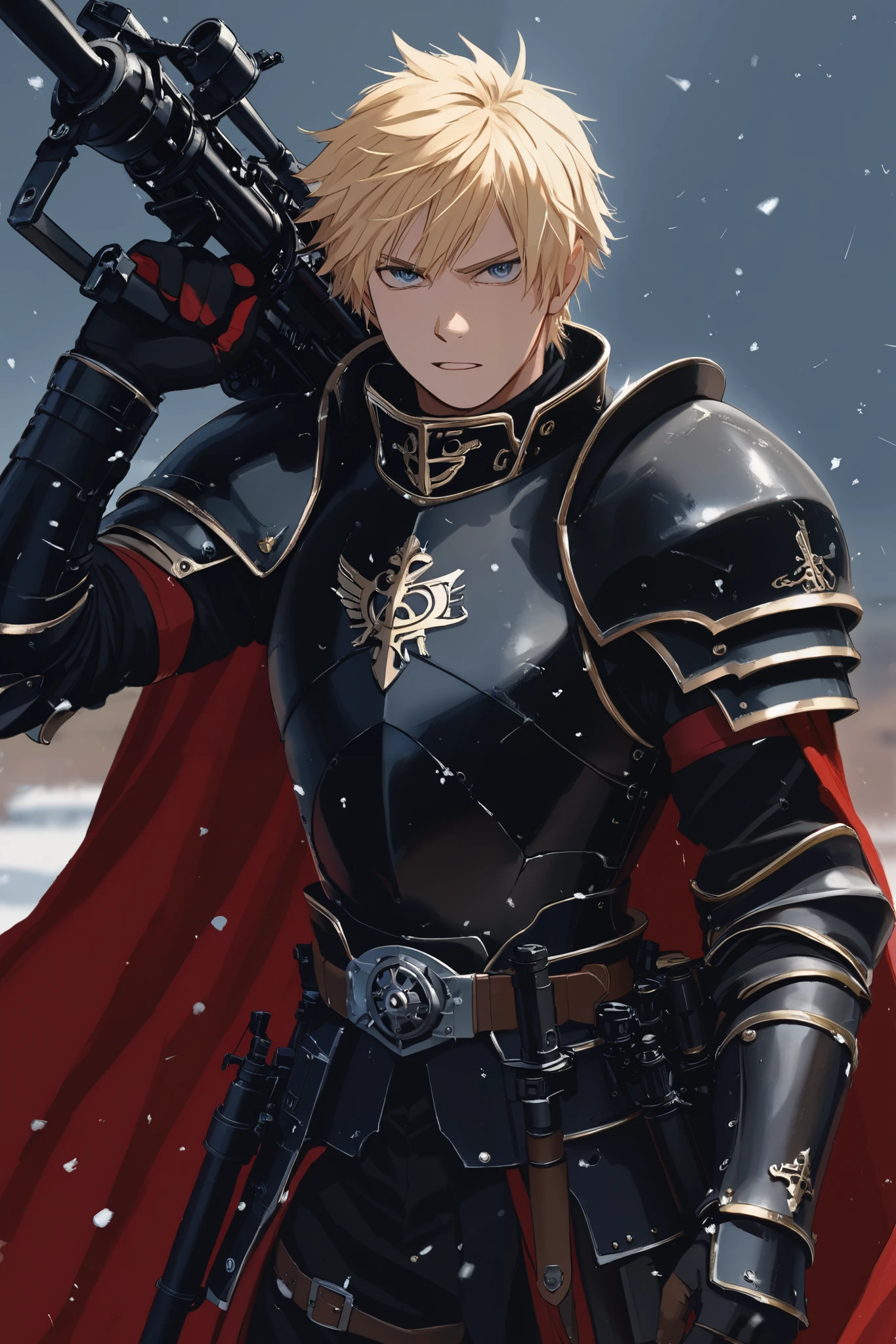 Strong blond noble swordsman with blue eyes holding a gunsword. Wearing black noble armor with a red cape. Has a sword fused with a M134 minigun. Extremely beautfull face