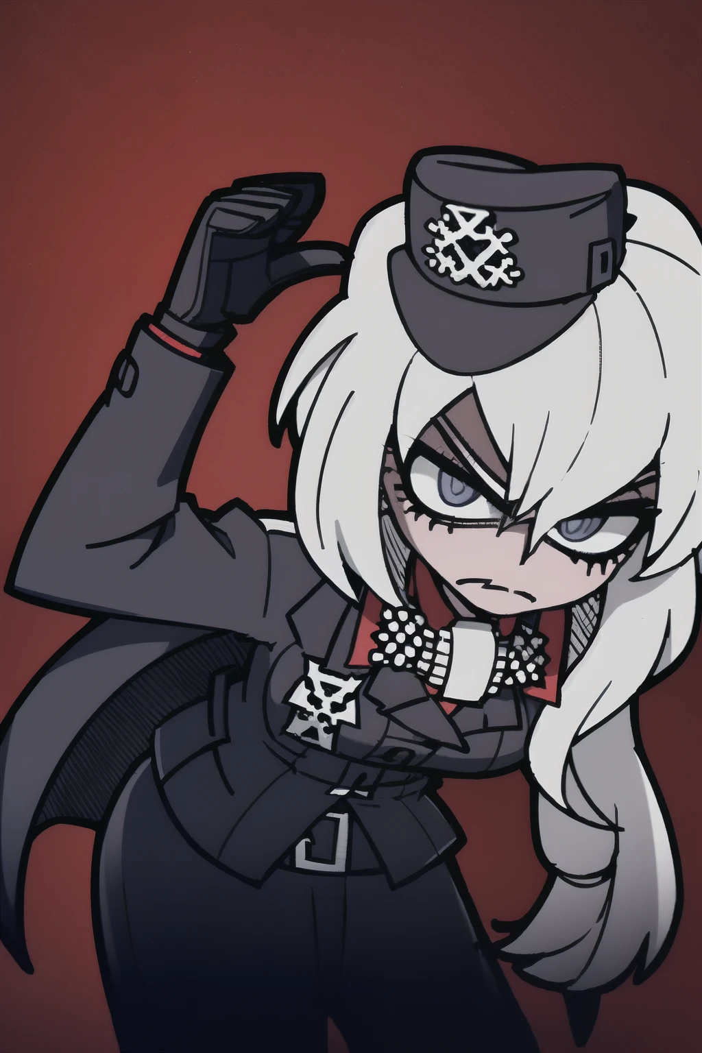 A woman, with silver hair with a reddish tone, hair covering her left eye, light blue eyes, wearing a long black gothic coat with a little reddish tone, with iron cross symbols on the silver coat, black officer's hat with dress detail, with iron cross on hat, heels with iron cross detail, in nordic castle at night, serious face.