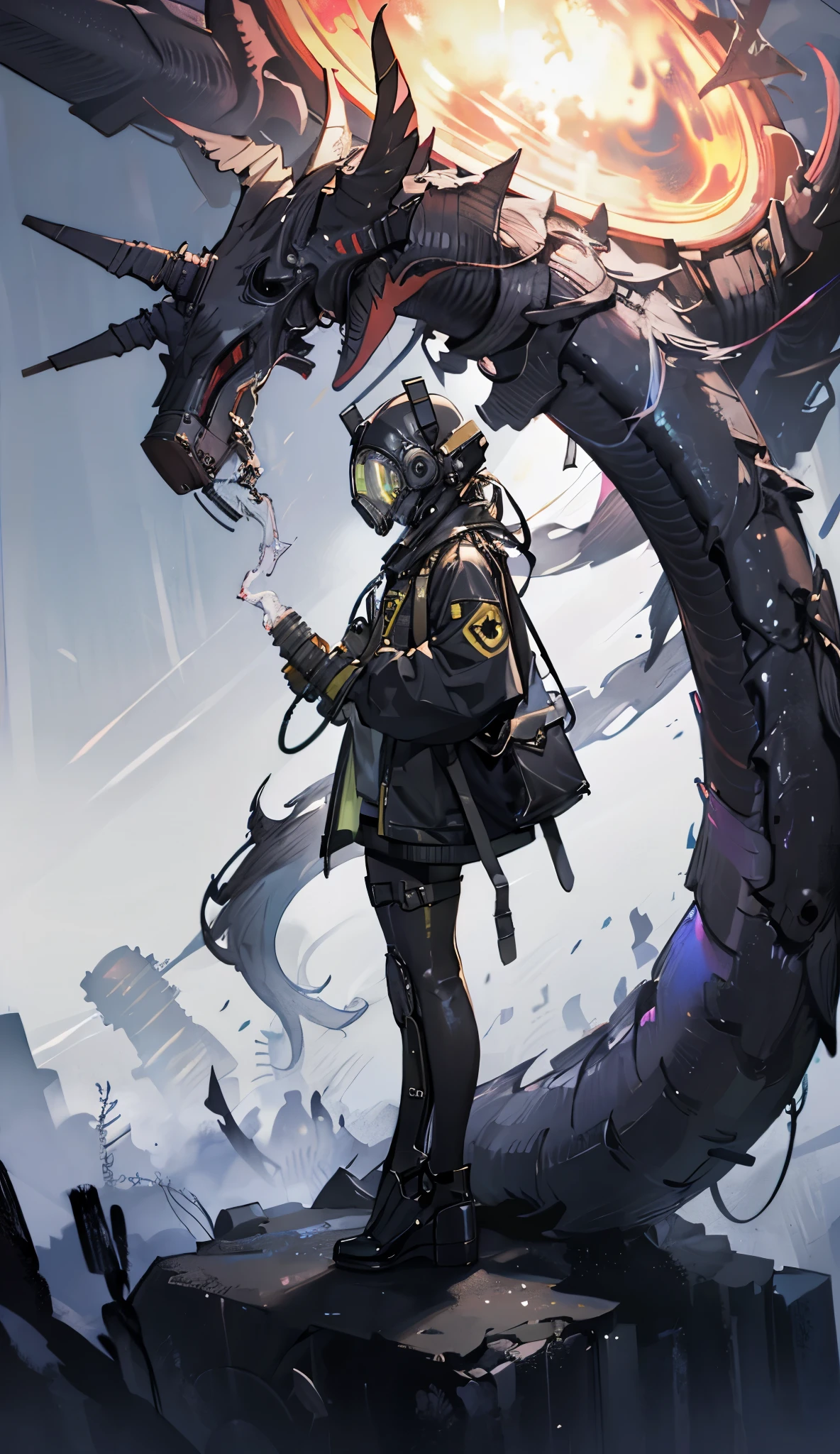 a girl walking through lots of green gas , using ((((Tech Futuristic Gas Mask)))), full body costume, white long hair, { extremely detailed 16k CG unit wallpaper}, expansive landscape photograph , (a bottom-up view focusing on the character and the setting), ( wide view of open field ), ( Low-angle photo ), (high light: 1.6), (low light:1.0), (source of hot light: 1.0), Complex details , ( iridescent colors : 1.5), ( bright lighting ), ( atmospheric lighting ),
