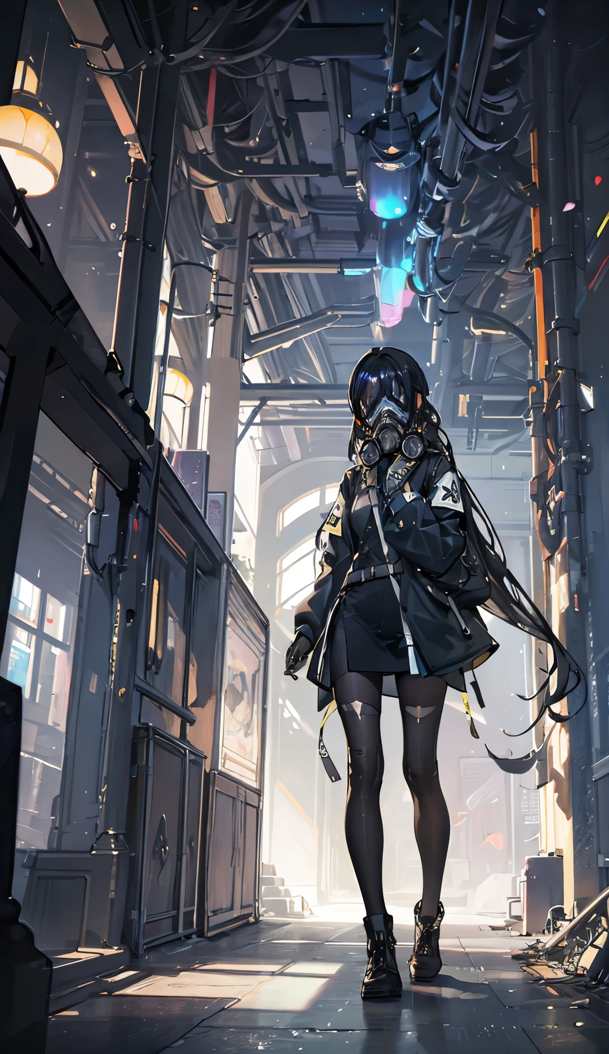 a girl walking through lots of green gas , using ((((Tech Futuristic Gas Mask)))), full body costume, white long hair, { extremely detailed 16k CG unit wallpaper}, expansive landscape photograph , (a bottom-up view focusing on the character and the setting), ( wide view of open field ), ( Low-angle photo ), (high light: 1.6), (low light:1.0), (source of hot light: 1.0), Complex details , ( iridescent colors : 1.5), ( bright lighting ), ( atmospheric lighting ),