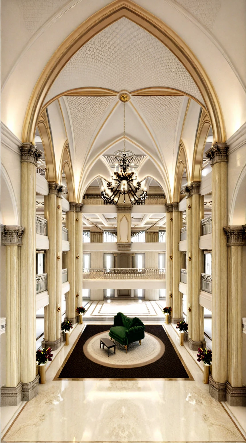 Neoclassical livingroom interior, white cream tone,  gray carpet, ceiling light, flower, picture, white curtain on the left, (picture:1.1), marble wall, many moldings, wall lamp,window, natural light, (round pillar : 2), The space exudes a sense of classic elegance and warmth, highlighted by sturdy round columns painted white or clad in polished marble, creating a feeling of stability and sophistication. The columns are symmetrically arranged, serving as both architectural accents and elements of balance for the overall design.

Running along the balcony or hallway, the wooden railings are meticulously crafted, featuring soft, intricate carvings. The natural wood, in warm tones such as deep brown or light oak, is finished with a glossy polish to enhance its refined and inviting appearance. This space evokes a sense of closeness to nature, blending rustic charm with understated luxury, making it an ideal spot to relax, enjoy fresh air, or have meaningful conversations with family and friends.