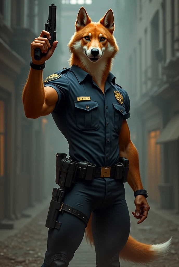 ((best quality)), ((masterpiece)), (detailed), digital artwork of a nick Wilde with rock hard abs and a bare midriff wearing a crop top of his long sleeve police uniform with police pants, fox, tail, furry style, anthro style,