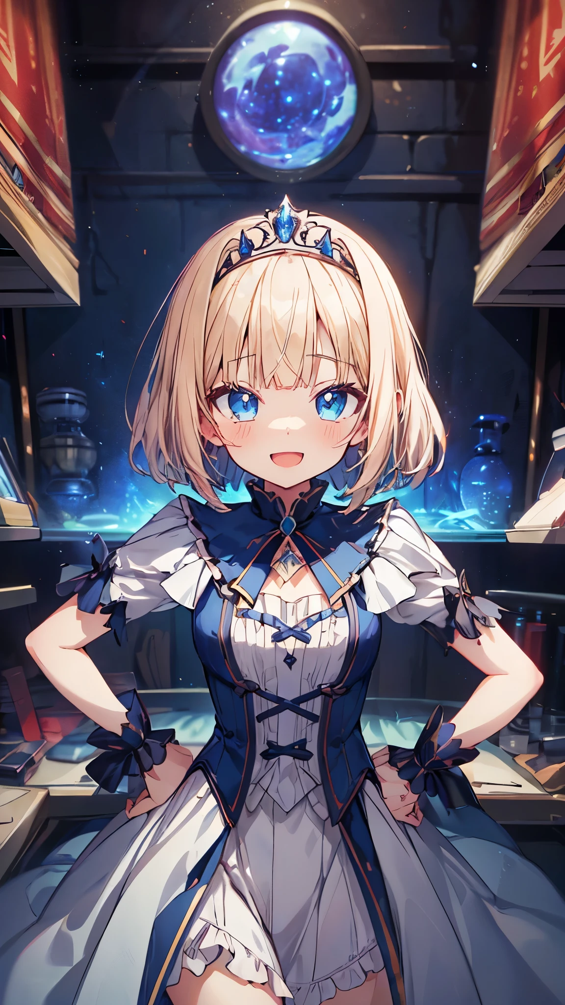upper body,1girl,solo,PrincessMia20,(Chibi,li, little, ultra cute kawaii:1.3),blue eyes, blonde hair, blunt bangs,short hair,aqua dress,long skirt,tiara,smile,open mouth,lipstick,(Hands on Hips,open stance),masterpiece,Noise Reduction,perfect anatomy,high resolution, ultra-detailed, ultra-detailed face,game cg,dutch angle ,beautiful detailed eyes,visualart,five fingers, perfect hands, perfect lighting, sparkling pupils,
