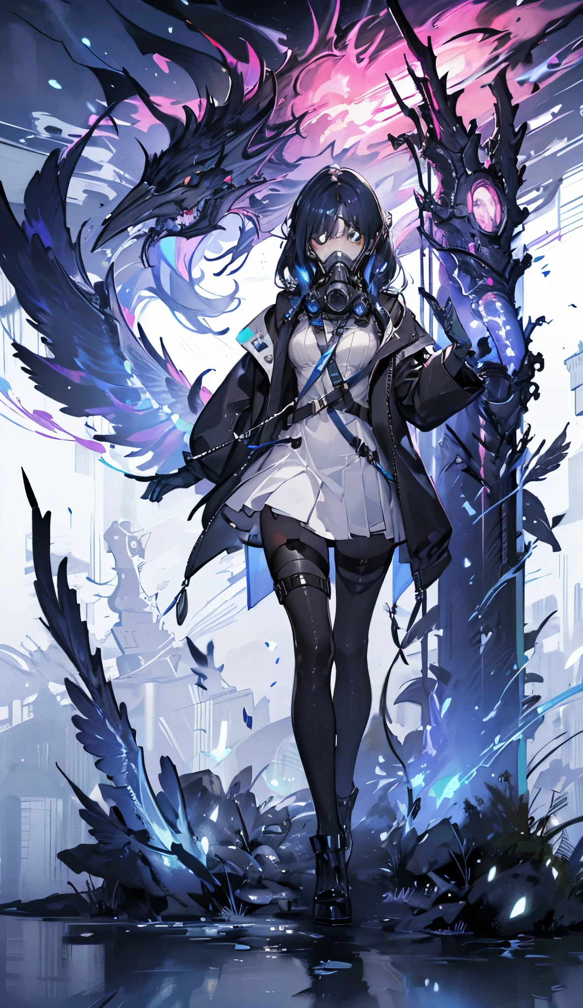 a girl walking through lots of green gas  , using ((((Tech Futuristic Gas Mask)))),  full body costume, white long hair, { extremely detailed 16k CG unit wallpaper},  expansive landscape photograph , (a bottom-up view focusing on the character and the setting), ( wide view of open field ), ( Low-angle photo ), (high light: 1.6), (low light:1.0), (source of hot light: 1.0),  Complex details , ( iridescent colors : 1.5), ( bright lighting ), ( atmospheric lighting ), 